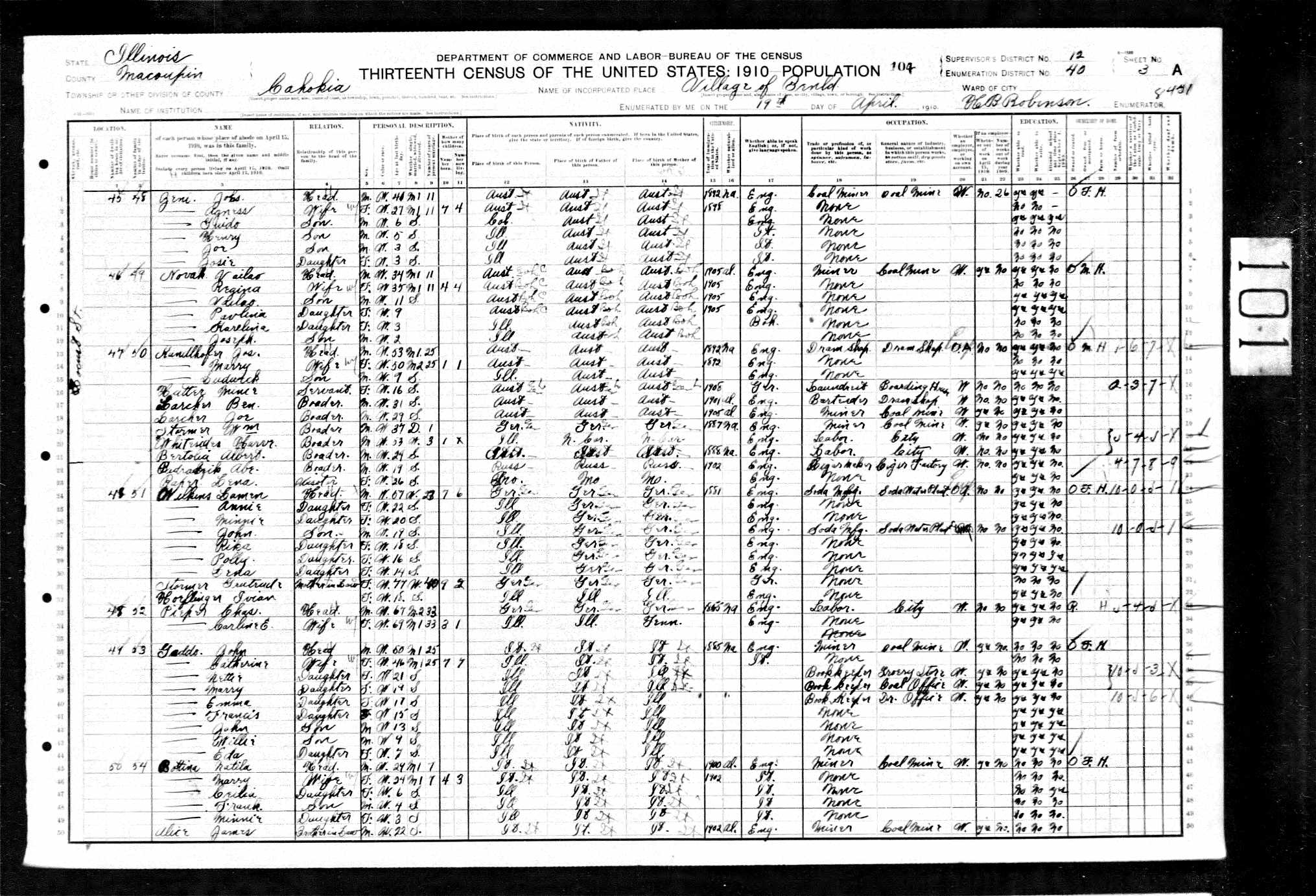 Charles W. and Caroline (Walker) Pieper, 1910 Macoupin County, Illinois, census