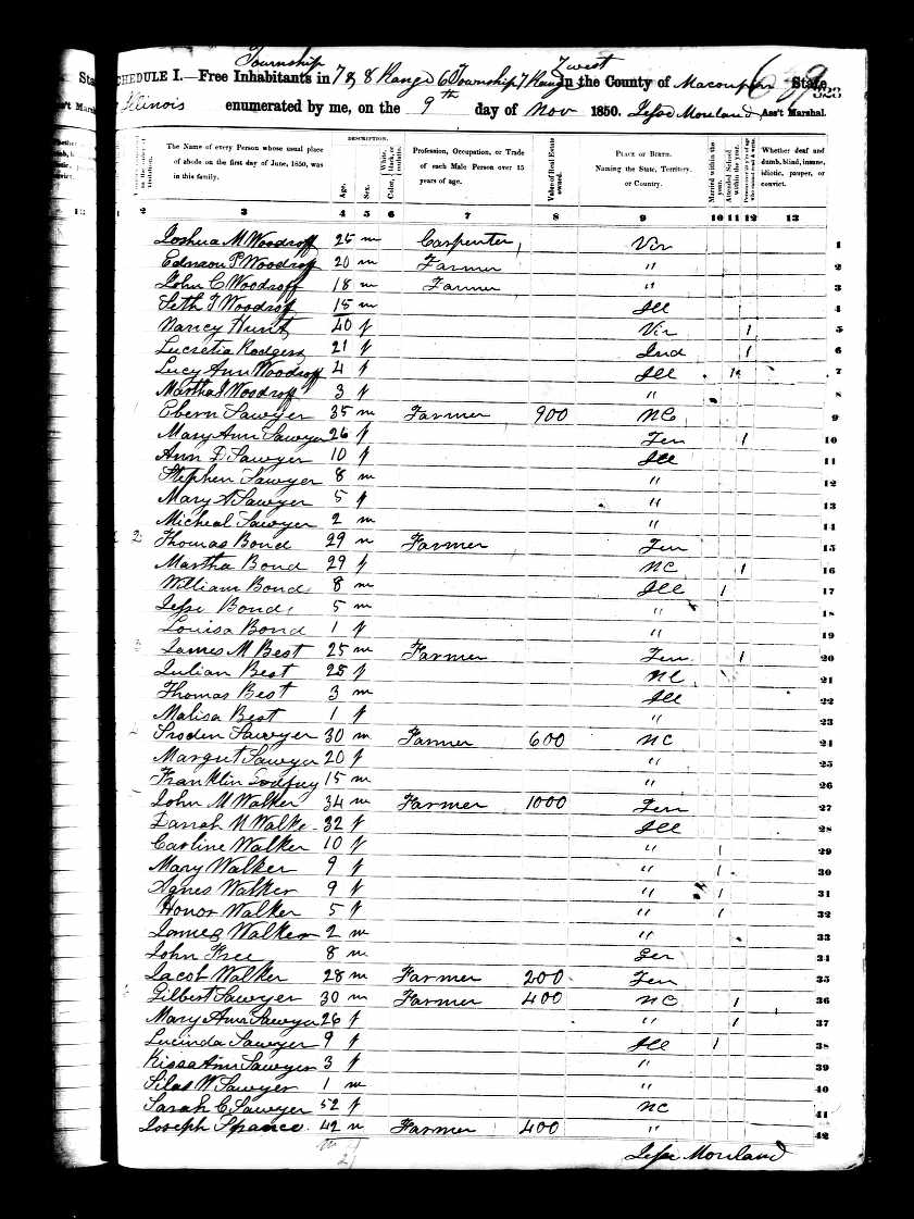 John McLean Walker, 1850 Macoupin County, Illinois, census