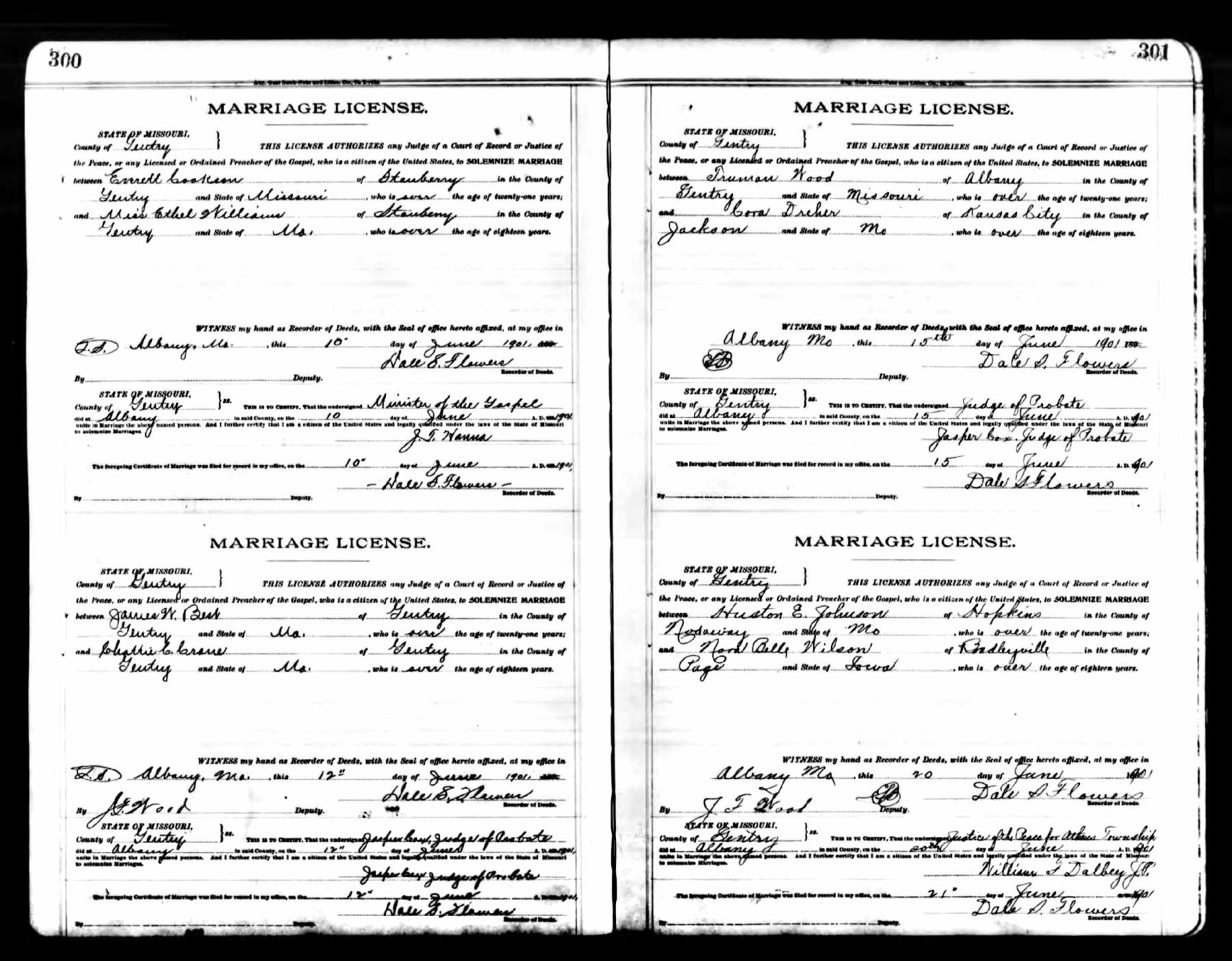 James W. Best (son of Elbert Best), marriage to Challie C. Craine, 1901, Gentry County, Misosuri