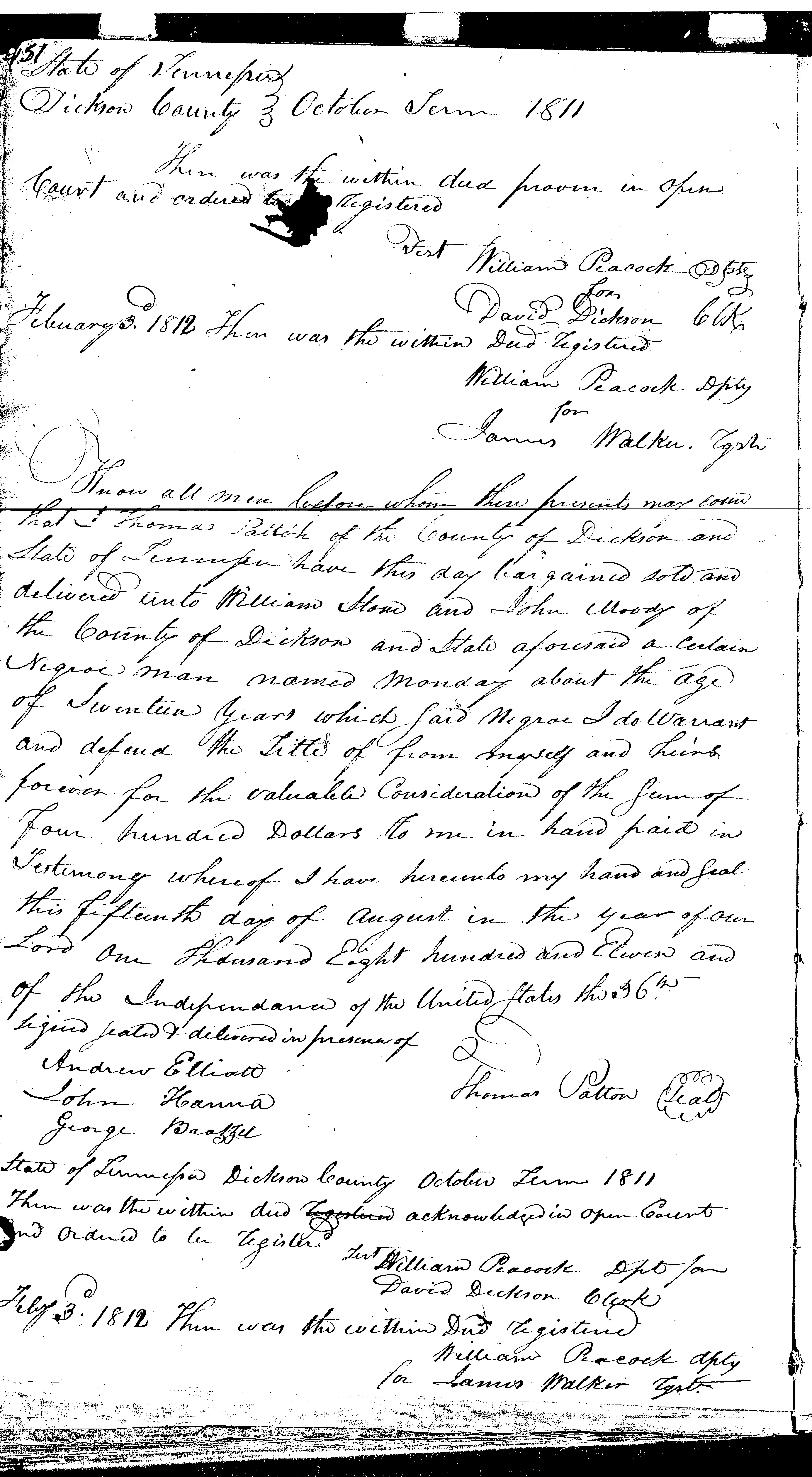 George Brazzell, witness to deed conveying slave, 1811, Dickson County, Tennessee