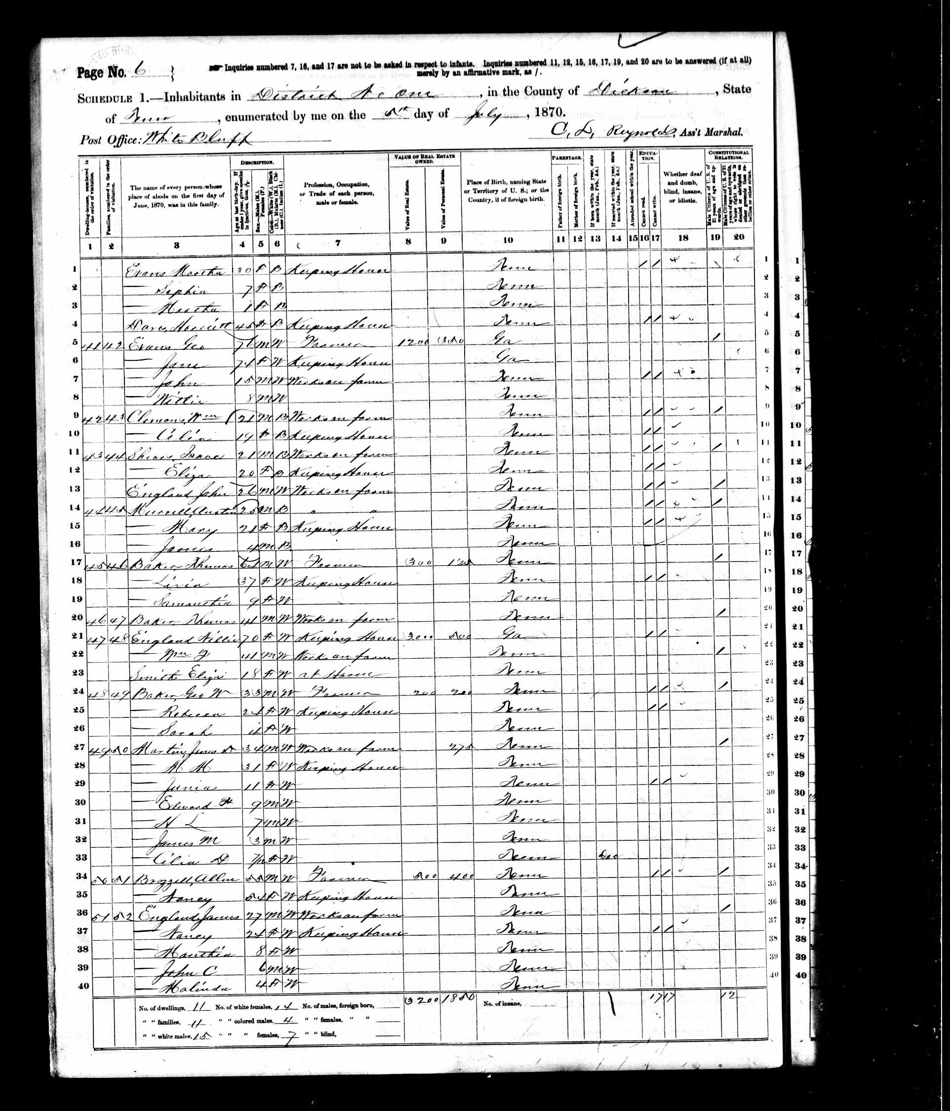 Allen Brazzell, 1870 Dickson County, Tennessee, census