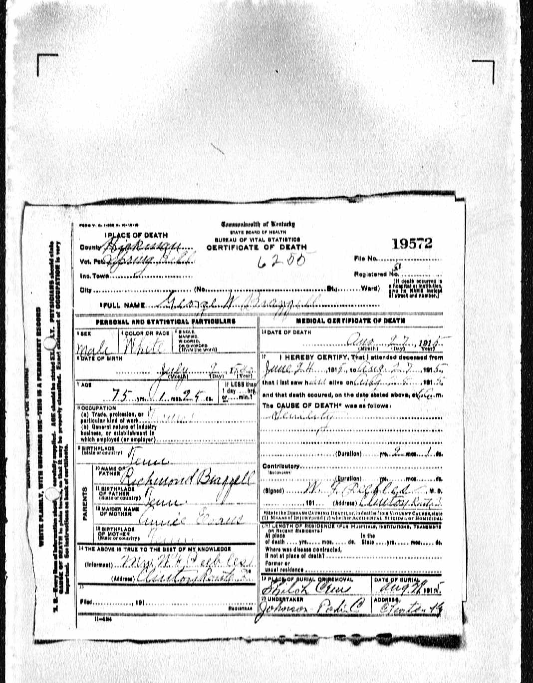 George W. Brazzell (son of Ricmond Brazzell and Annice Evans), death certificate, 1915, Hickman County, Kentucky.