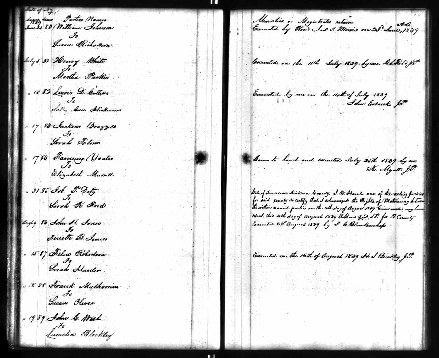 Marriage license and return, Richmond Brazzell and Ancy Evans, 1838, Dickson County, Tennessee