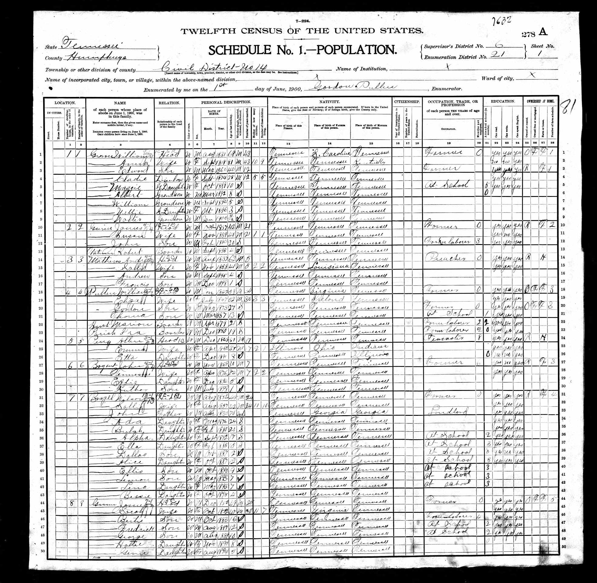 John Brazzell, 1900 Humphreys County, Tennessee, census; in the home of his son, Wilson Brazzell.