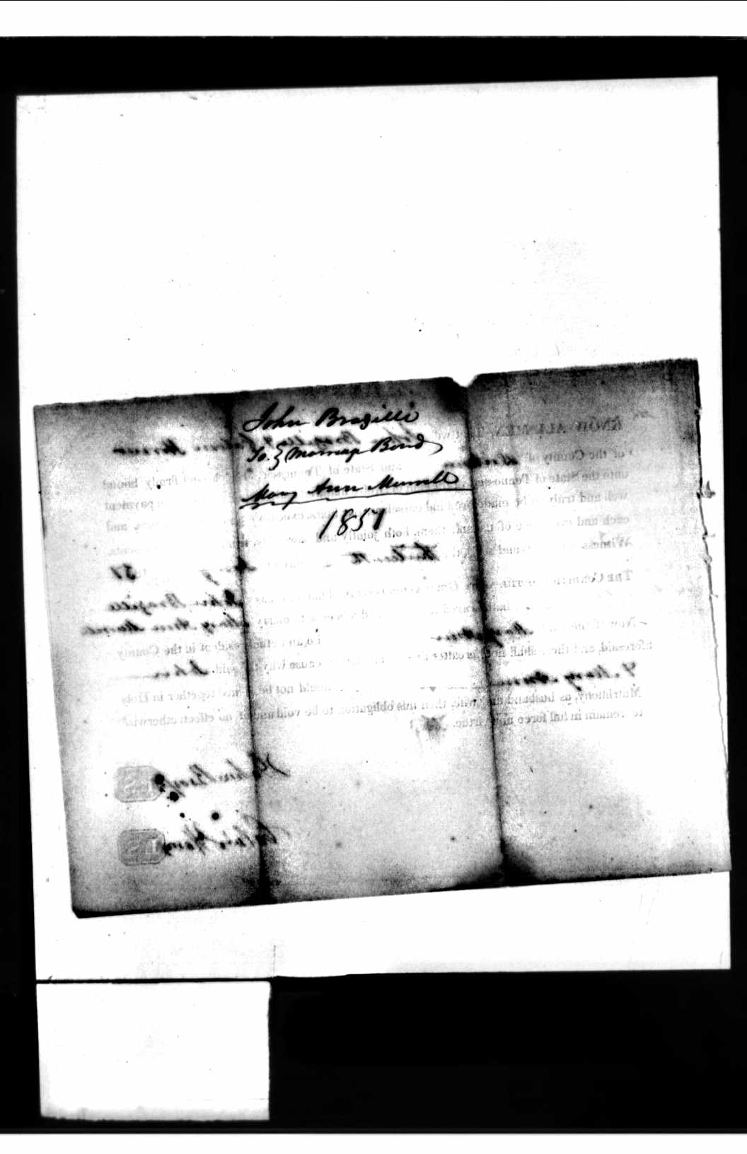 John Brazzell, marriage bond (cover only), to Mary Ann Murrell, 1851; county not stated, probably Dickson County, Tennessee