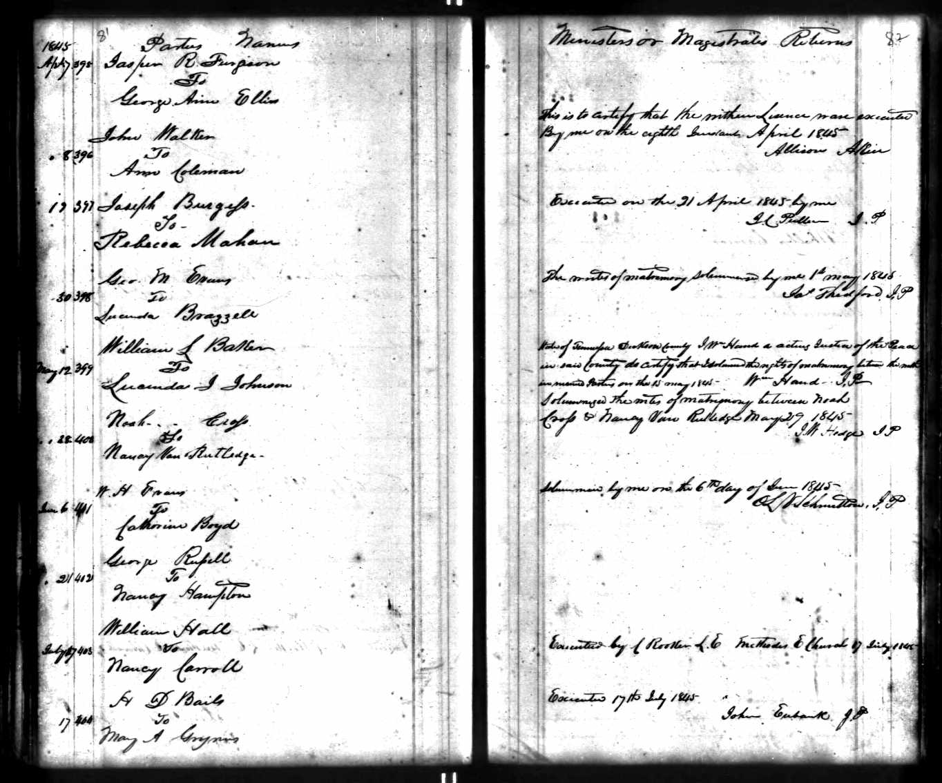 Lucinda Brazzell marriage to George M. Evans, 1845, Dickson County, Tennessee
