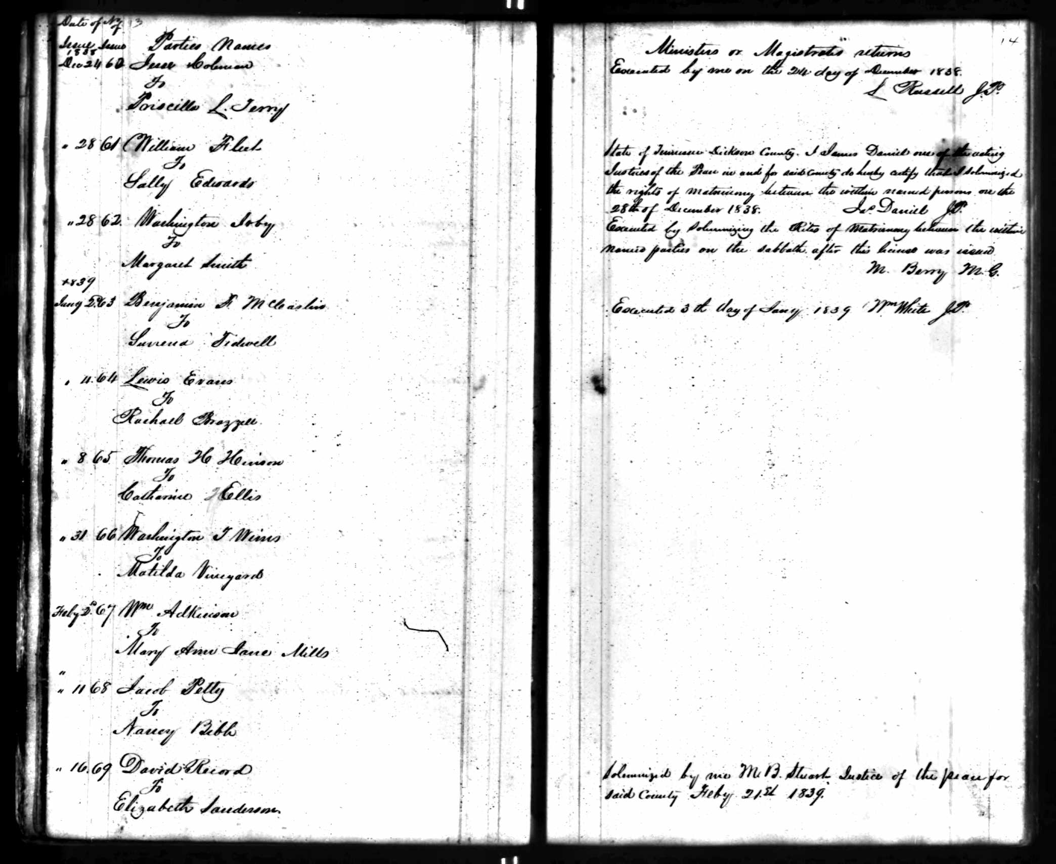 Rachael Brazzell, marriage license with Lewis Evans, issue 4 January 1839, Dickson Co TN. No return.