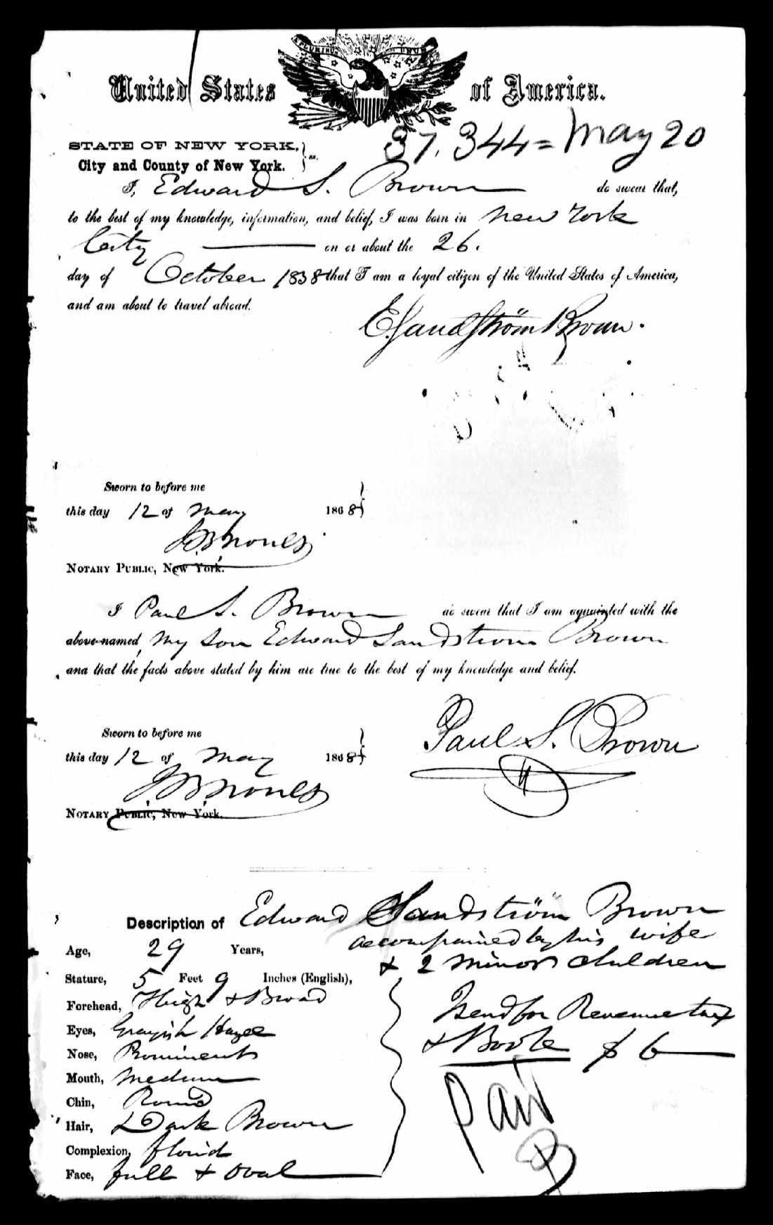 Edward S. Brown, passport application, 1868, New York