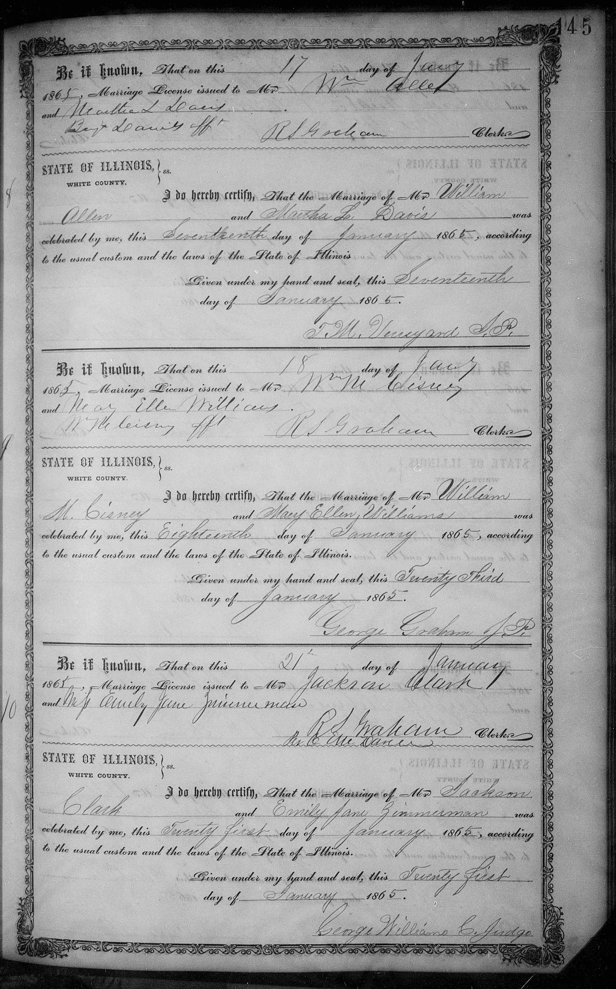 Marriage, Martha Louise Davis to William Allen, 1865, White Co IL