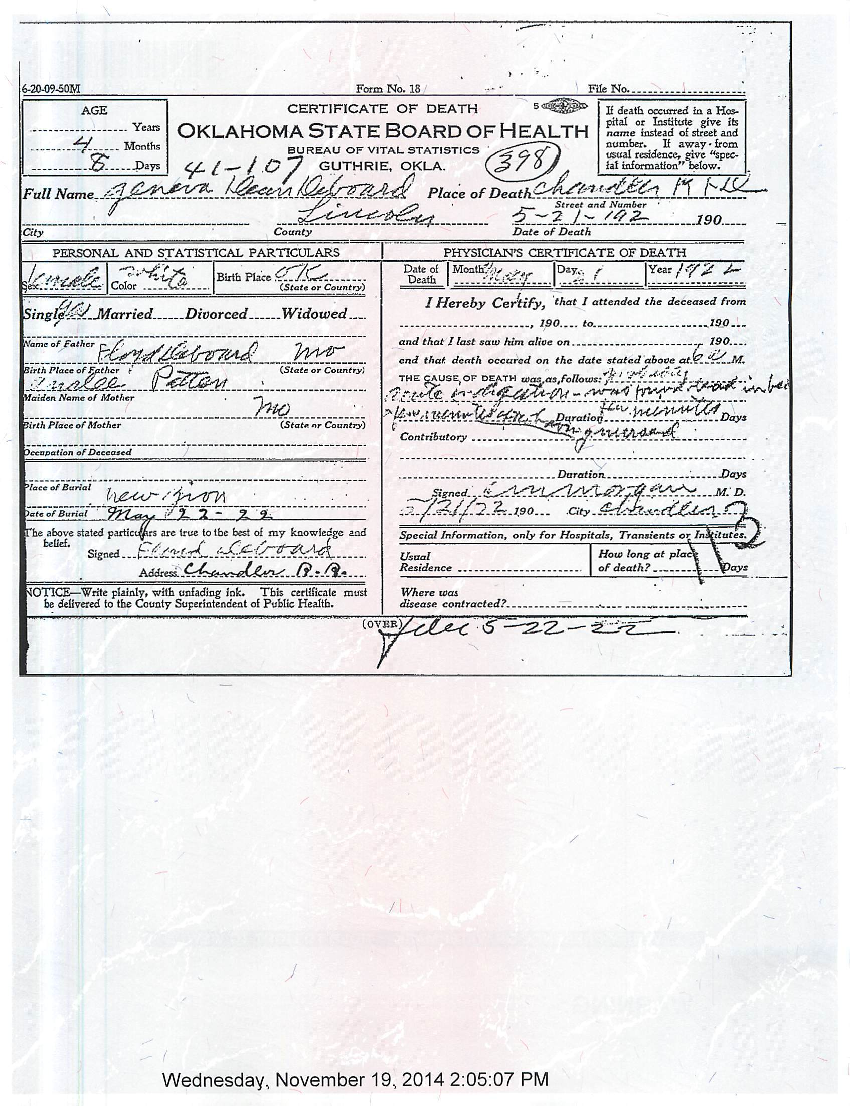 Death certificate, Geneva Dean DeBoard, 1922, Lincoln County, Oklahoma