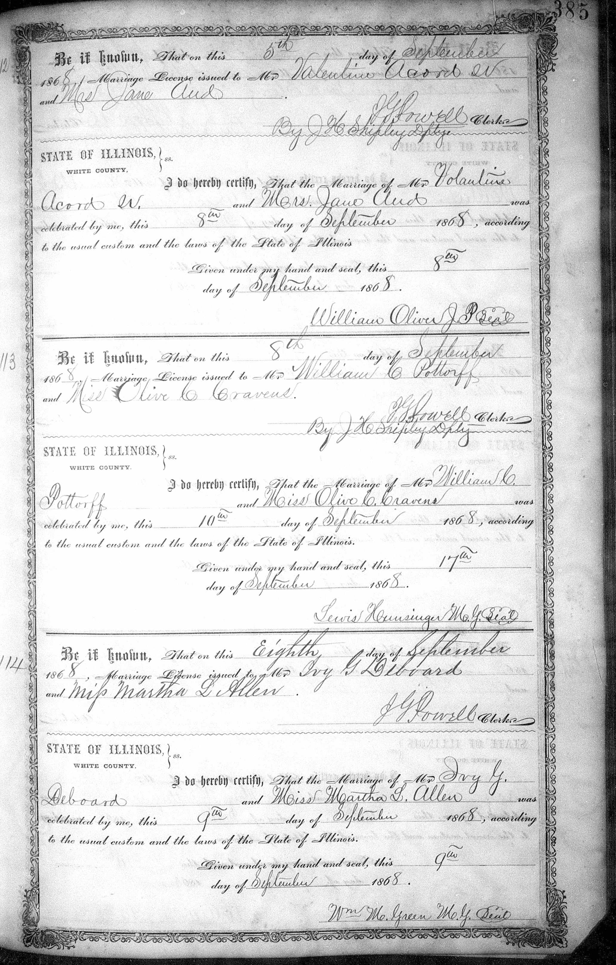 Marriage, Iva G. Deboard-Martha Allen, 9 September 1868, White Co IL