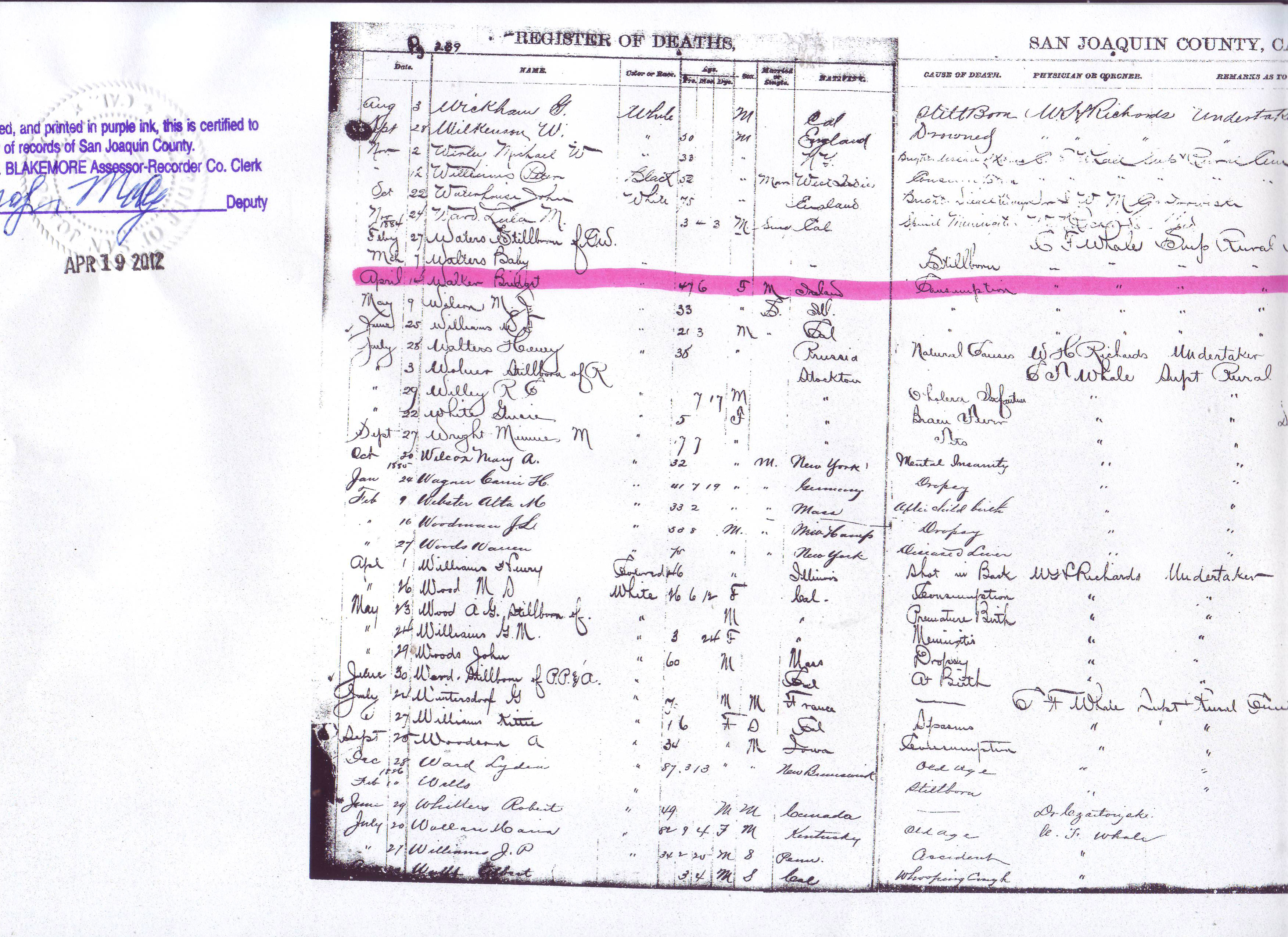 Bridget (Dolan) Walker, death registration, 1884, San Joaquin County, California