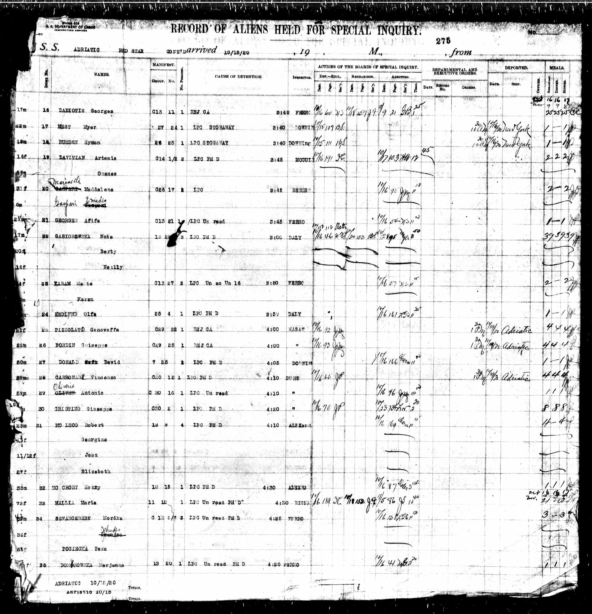 David Donald, immigration, 1920, New York -- detention sheet