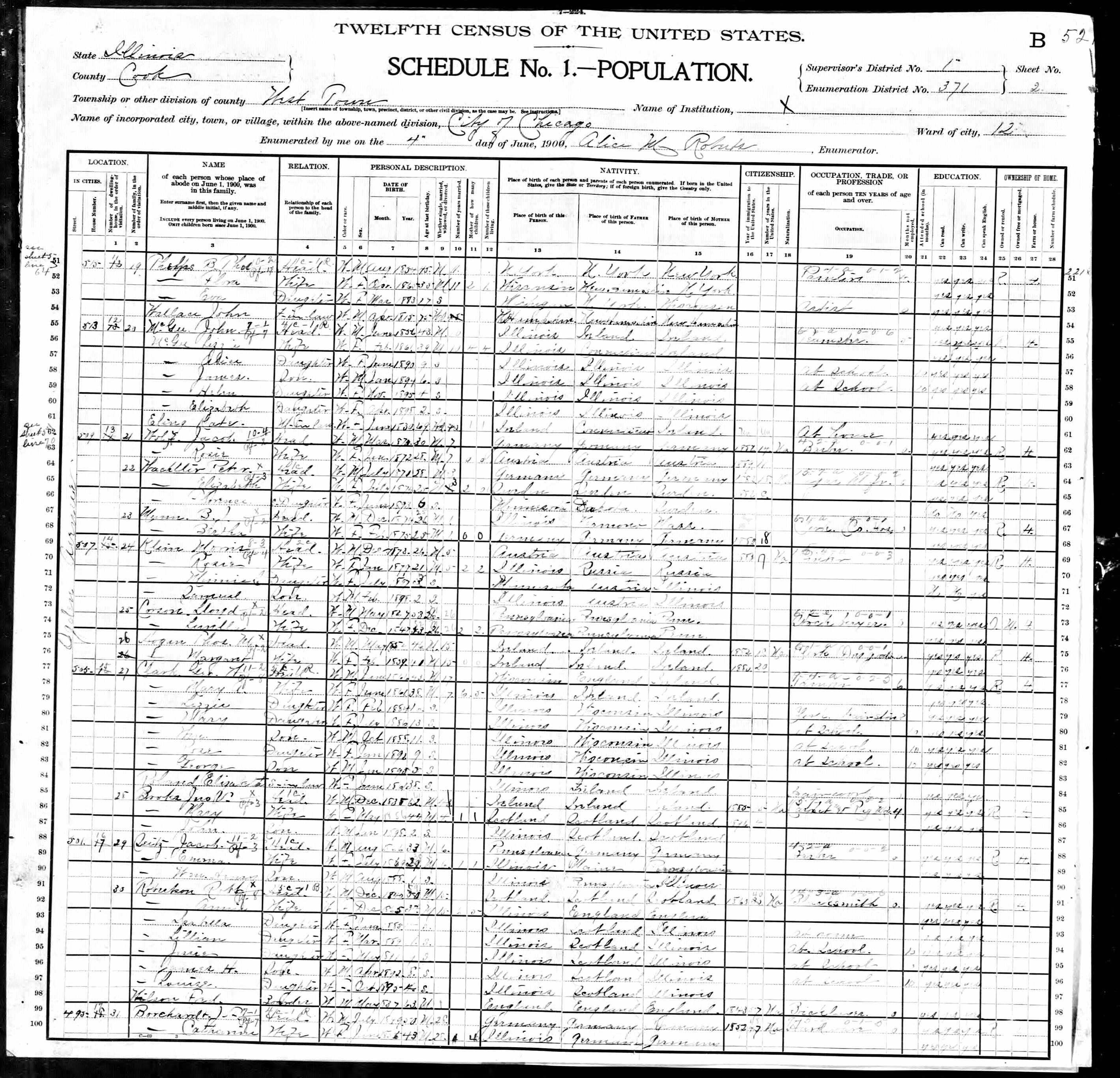 Mary (Donald) Brooks, 1900 Cook County, Illinois, census, with husband John W. Brooks