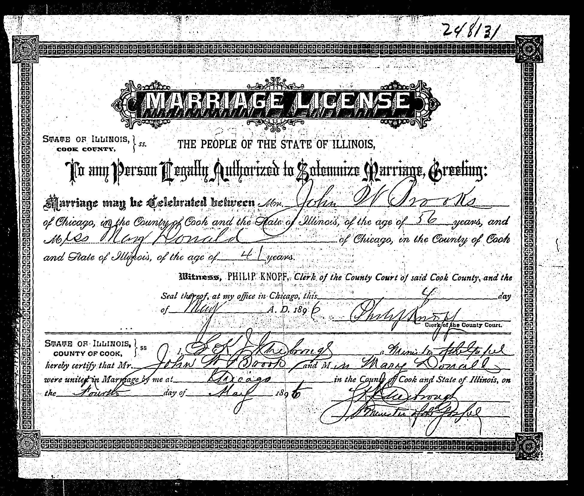 Mary Donald, marriage to John W. Brooks, 1896, Cook County, Chicago
