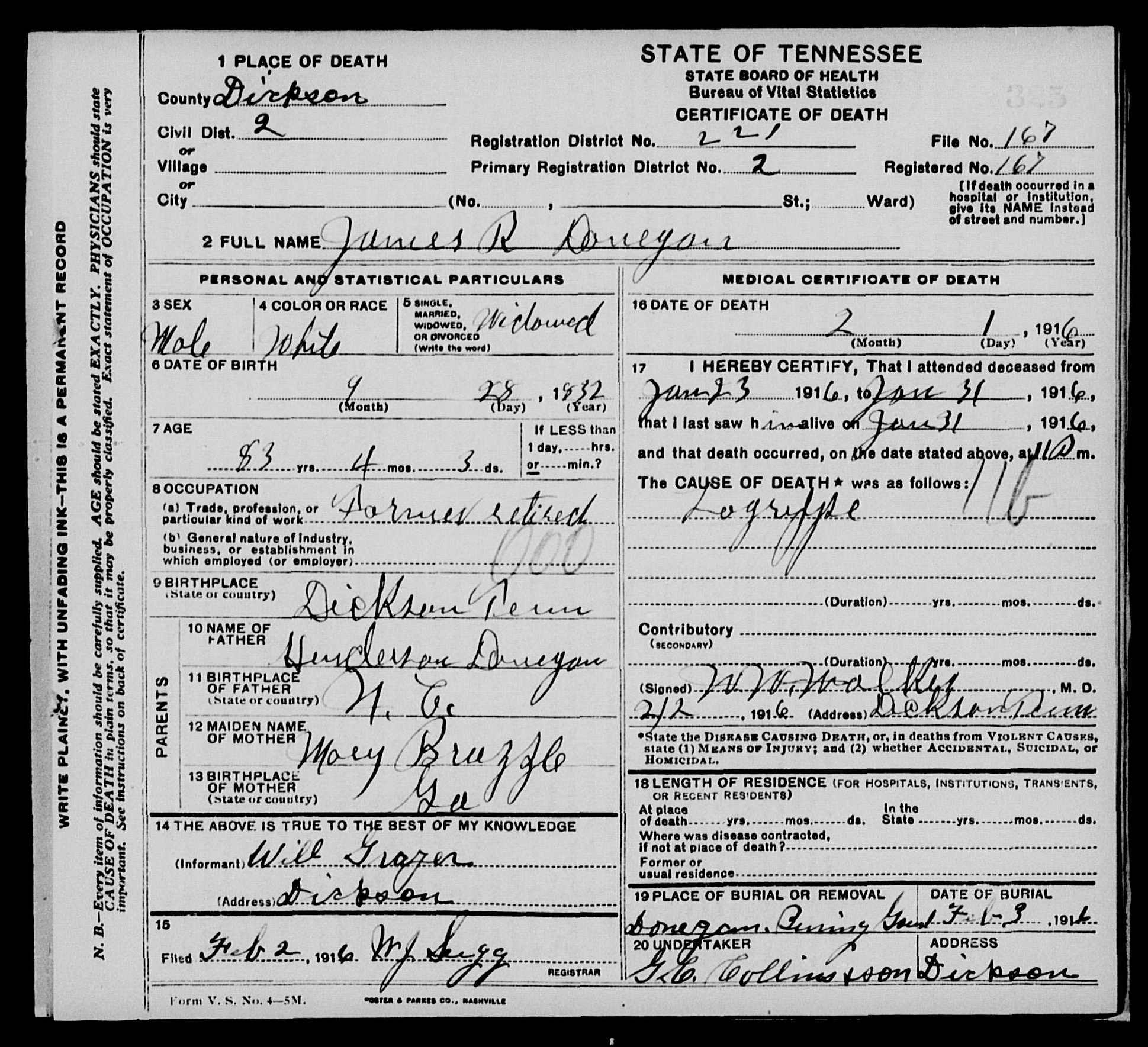 James Riley Donegan, death certificate, 1916, Dickson County, Tennessee