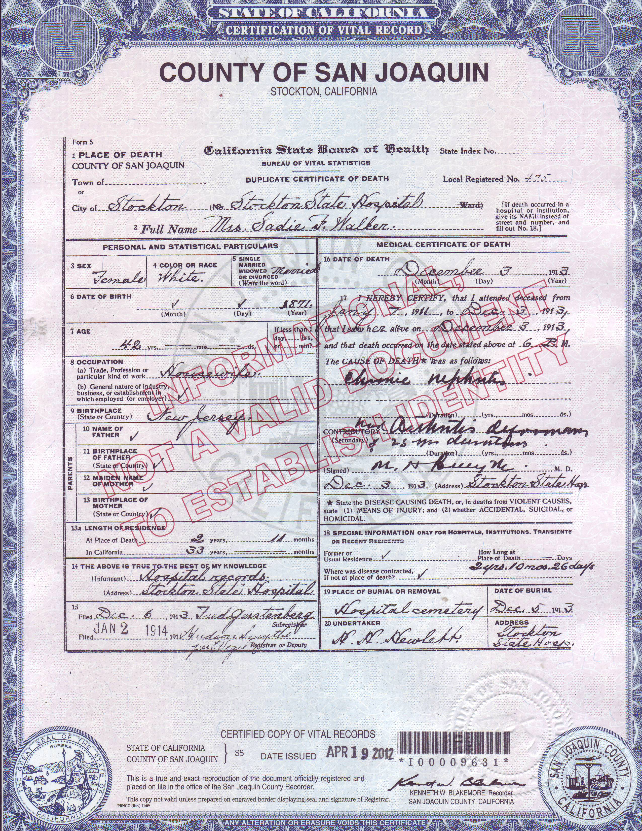 Death certificate of Sadie (Flynn) Walker, 1913, State Hospital, Stockton, San Joaquin Co CA