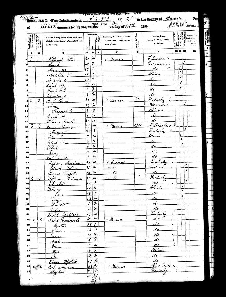 Harriet Friend, in the home of parents William and Elizabeth Friend, 1850 Madison County, Illinois, census