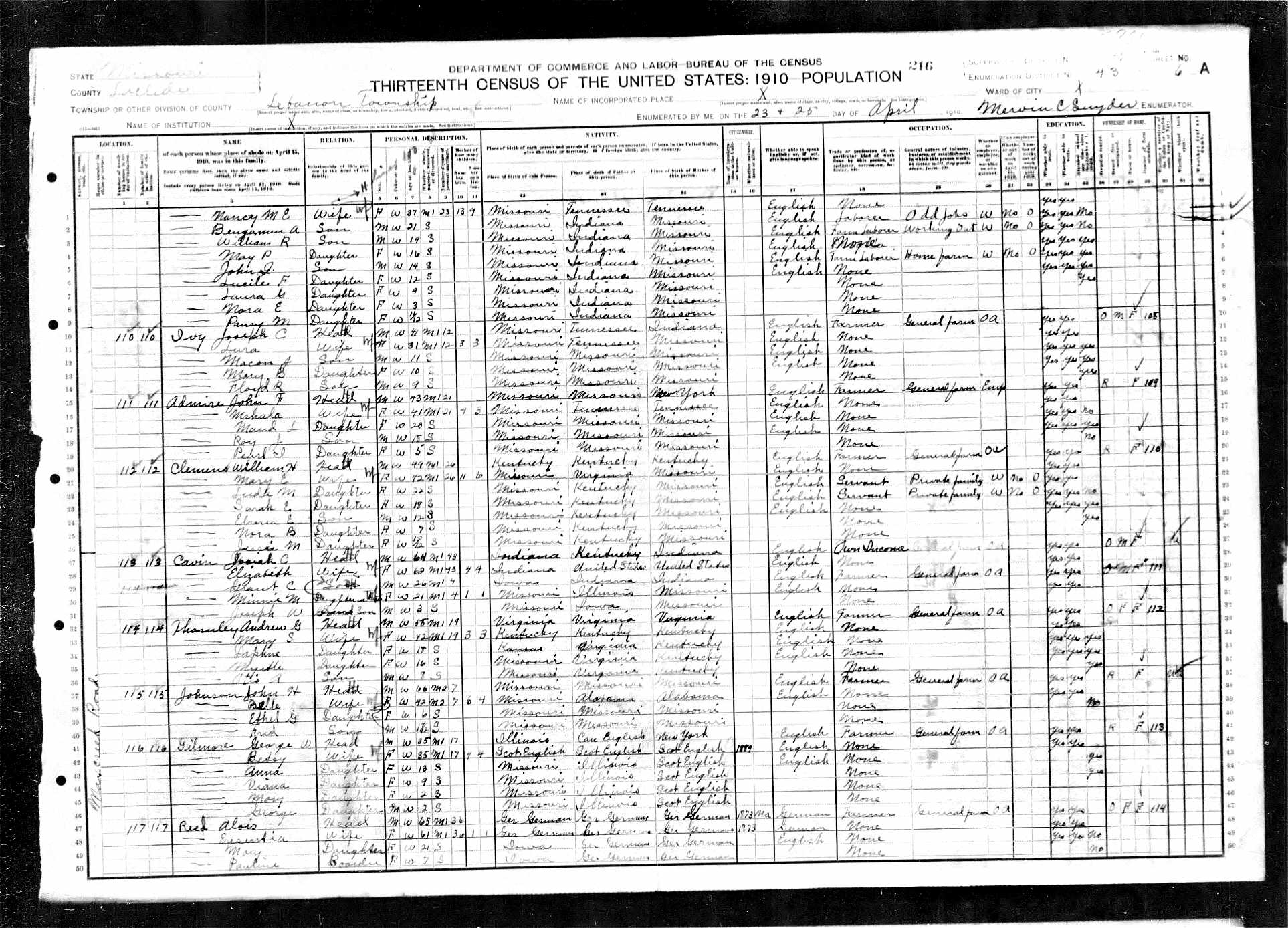 George Gilmore, 1910 Laclede County, Missouri, census
