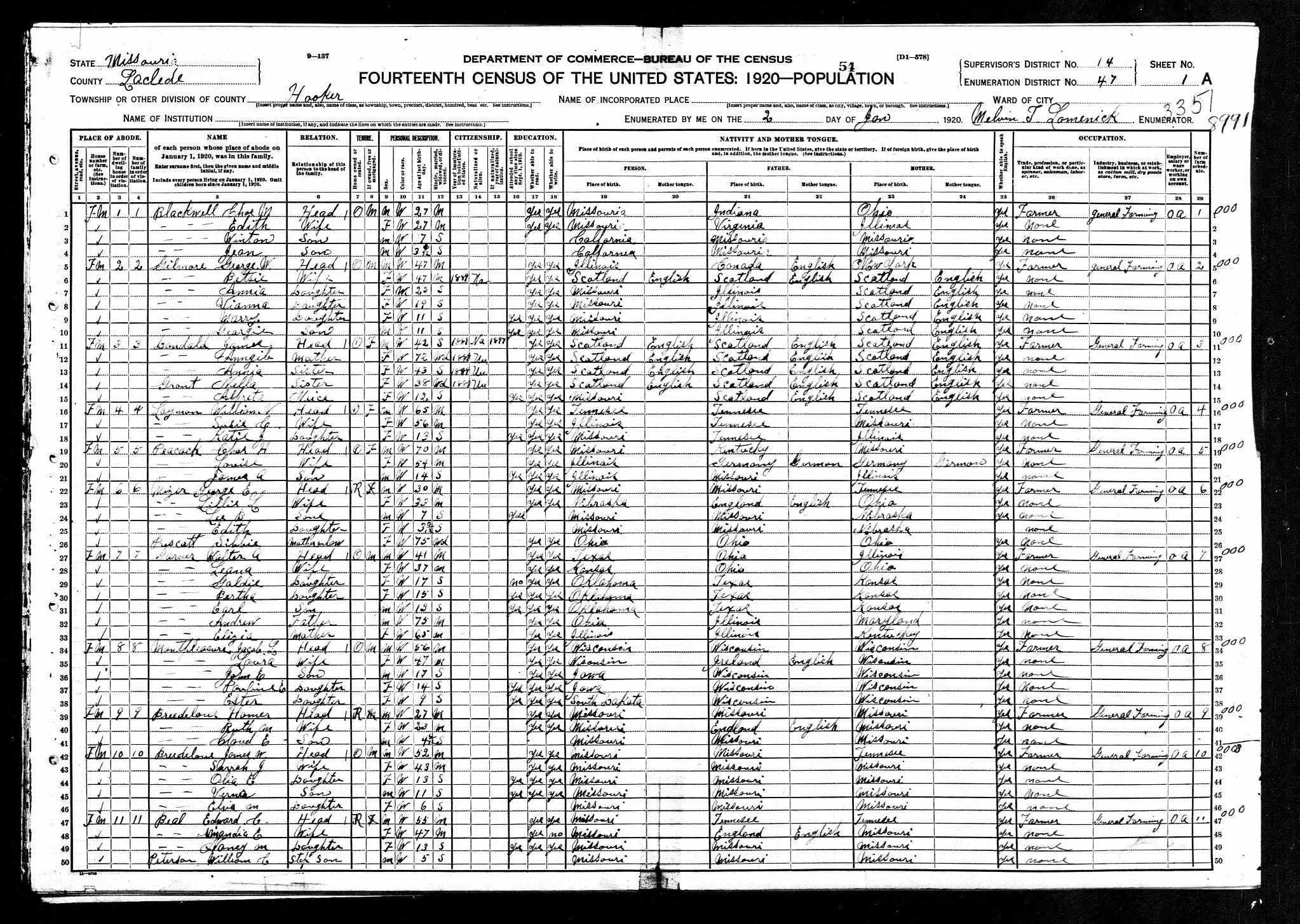 George Gilmore, 1920 Laclede County, Missouri, census