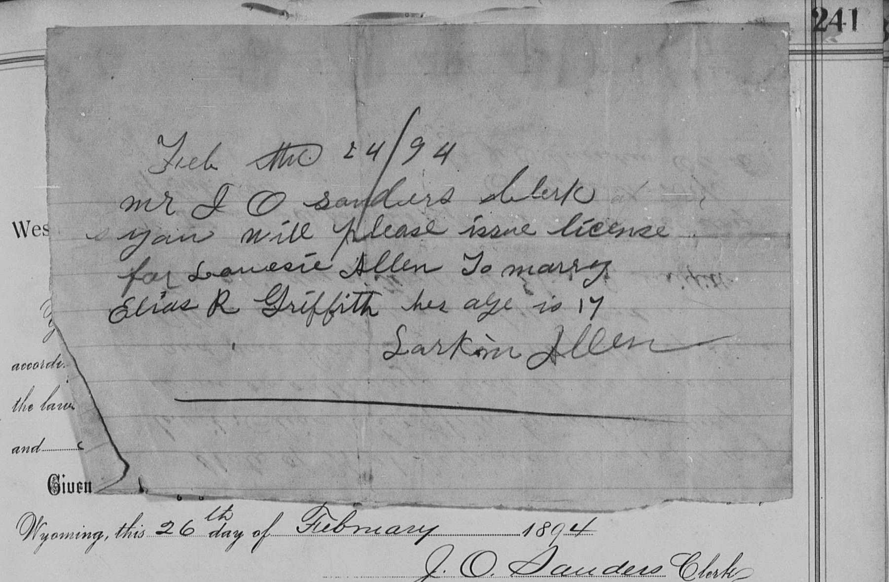 Parental consent from Larkin Allen for his daughter Louise Allen to marry Elias R. Griffith, 1894, Wyoming County, West Virginia
