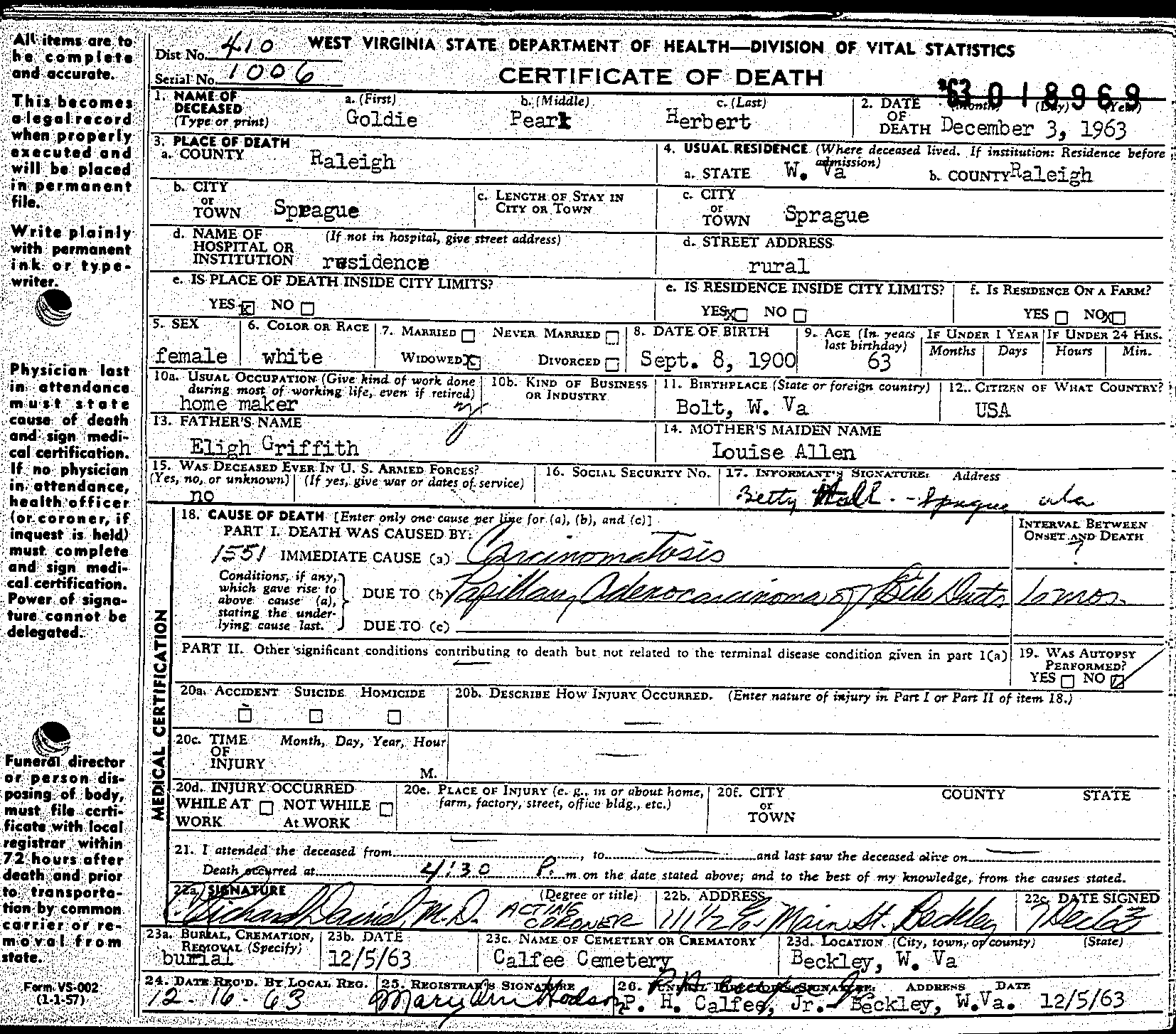 Goldie Pearl (Griffith) Herbert, death certificate, 1963, Raleigh County, West Virginia