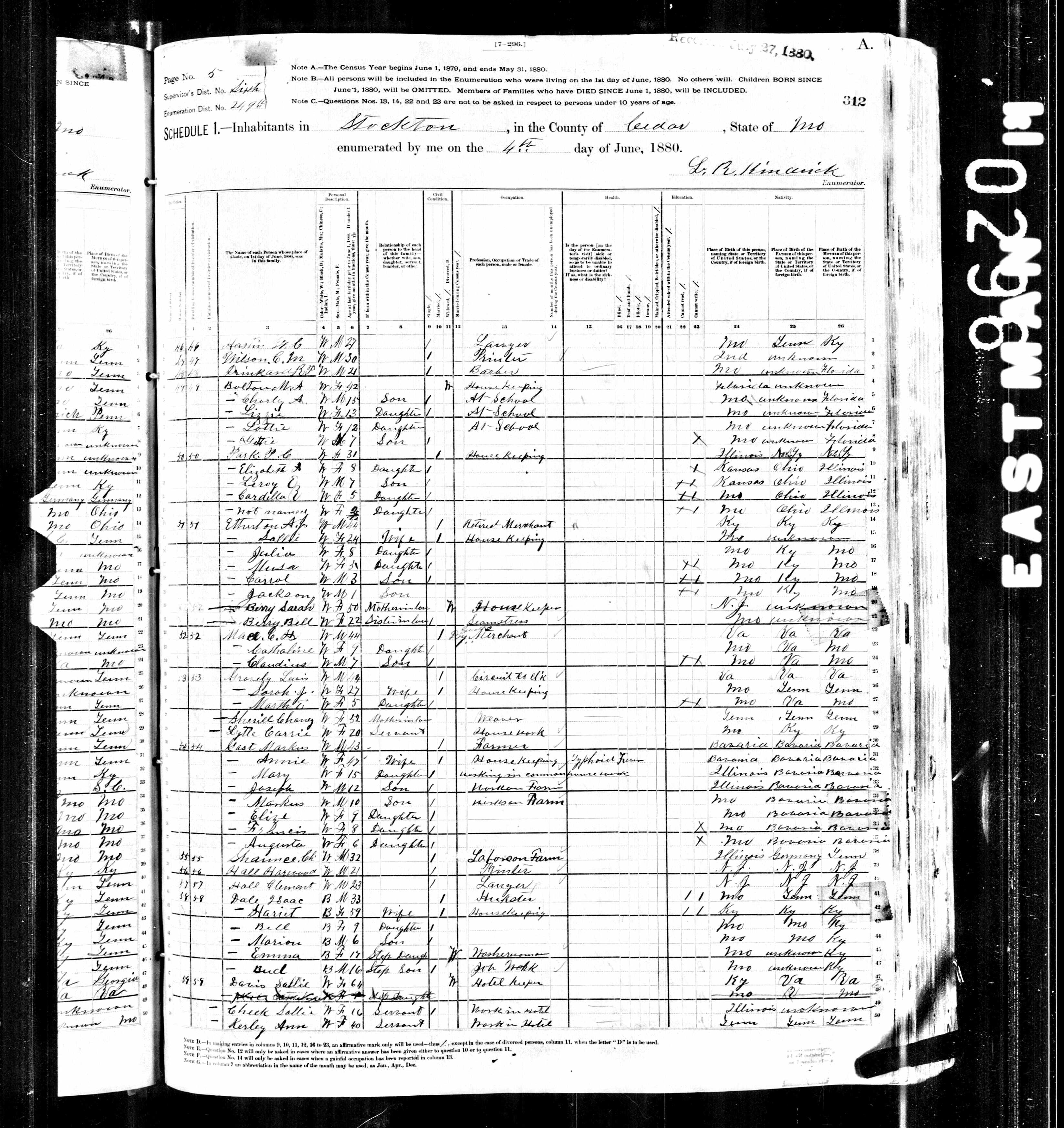 Chaney A. (Hartley) Sherrill, daughter of James Hartley and Elizabeth Walker, 1880 Cedar County, Missouri, census