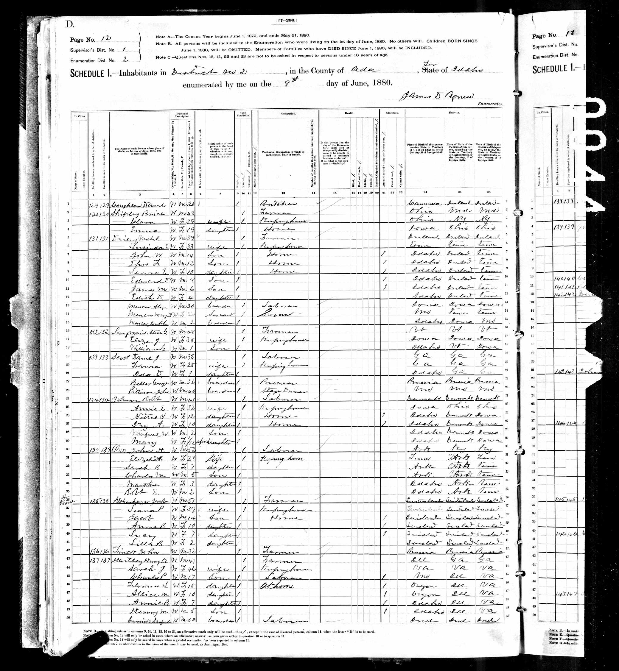 Henry K. Hartley, 1880 Ada County, Idaho, census
