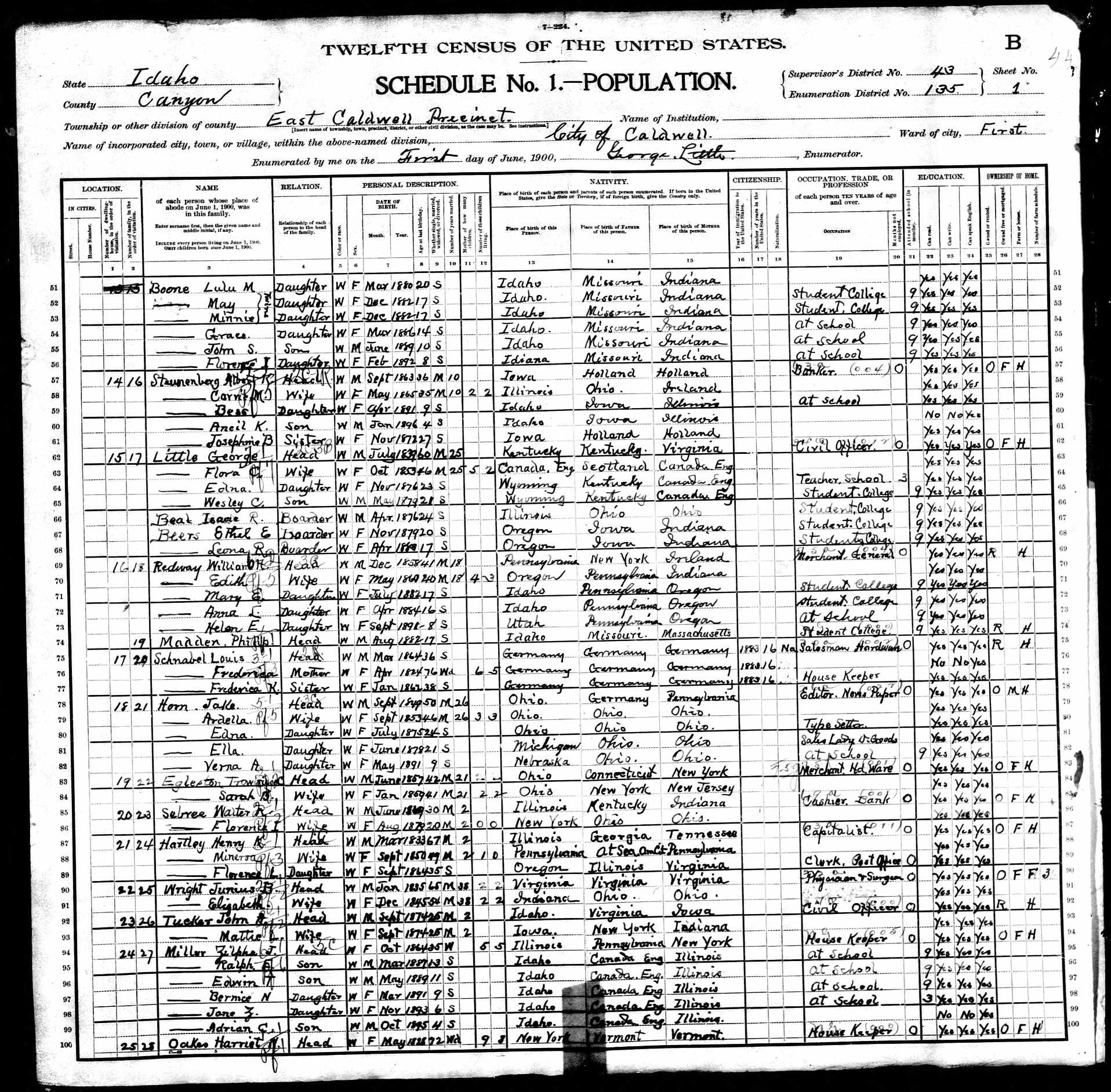 Henry K. Hartley, 1900 Canyon County, Idaho, census