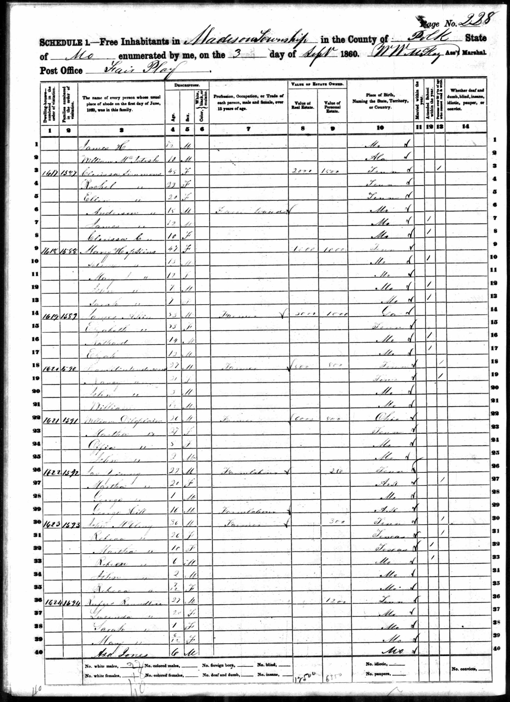 Mary E. (Hartley) Hopkins, widow of Solomon Hopkins, 1860 Polk County, Missouri, census