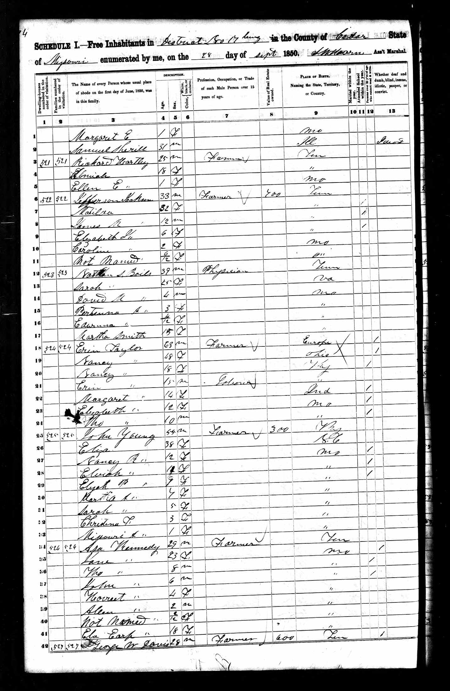 Richard D. Hartley, 1850 Cedar County, MIssouri, census