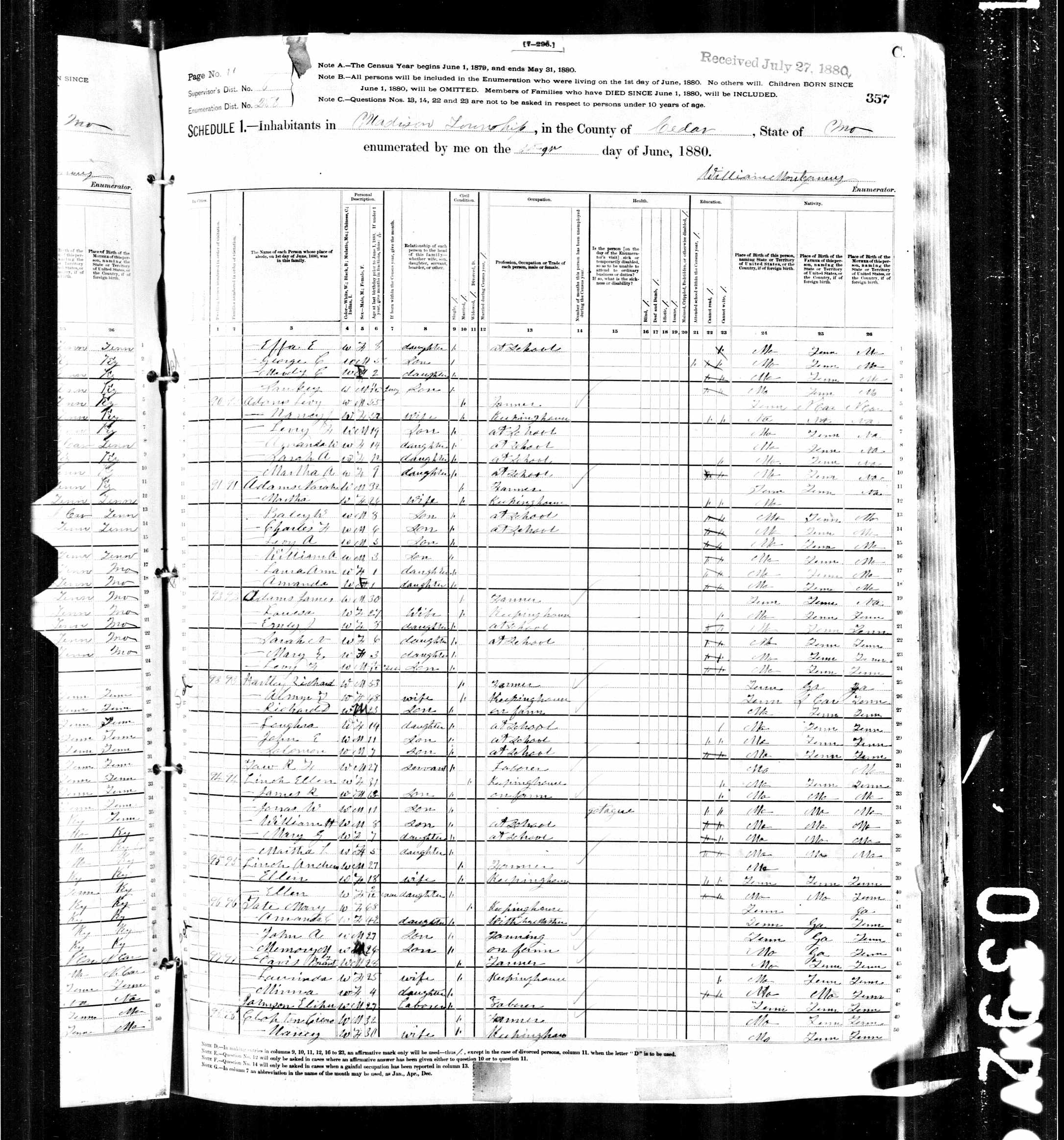 Richard D. Hartley, 1880 Cedar County, MIssouri, census