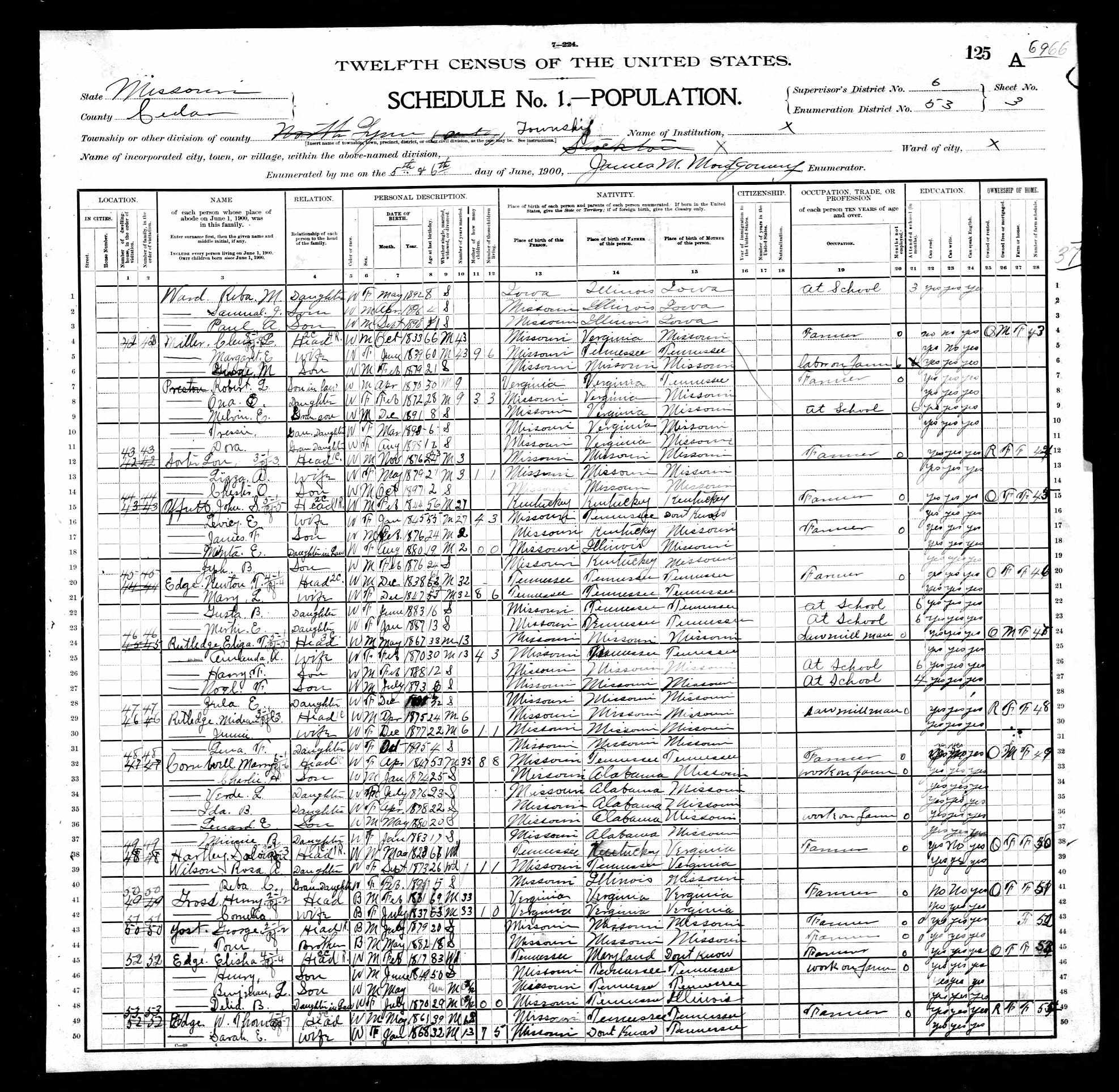 Solomon Hartley, 1900 Cedar County, Missouri, census