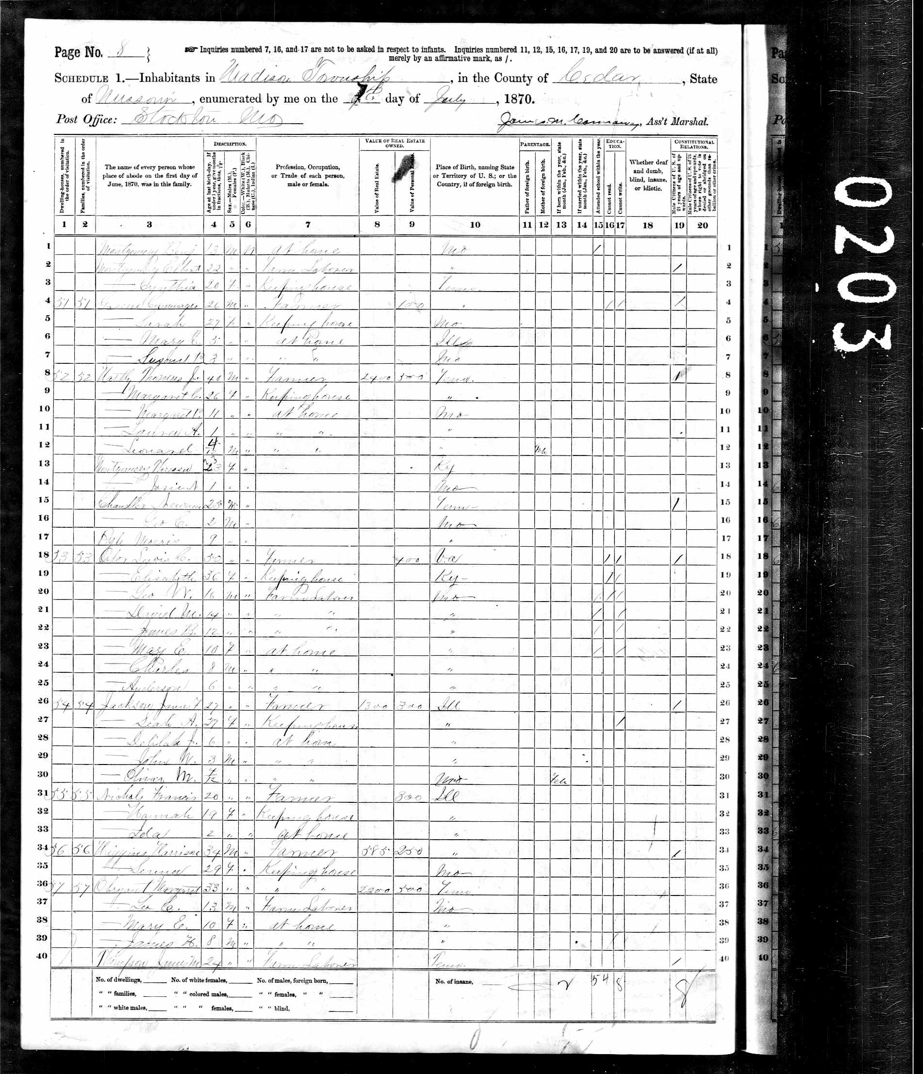 Thomas J. Hartley, 1870 Cedar County, Missouri, census