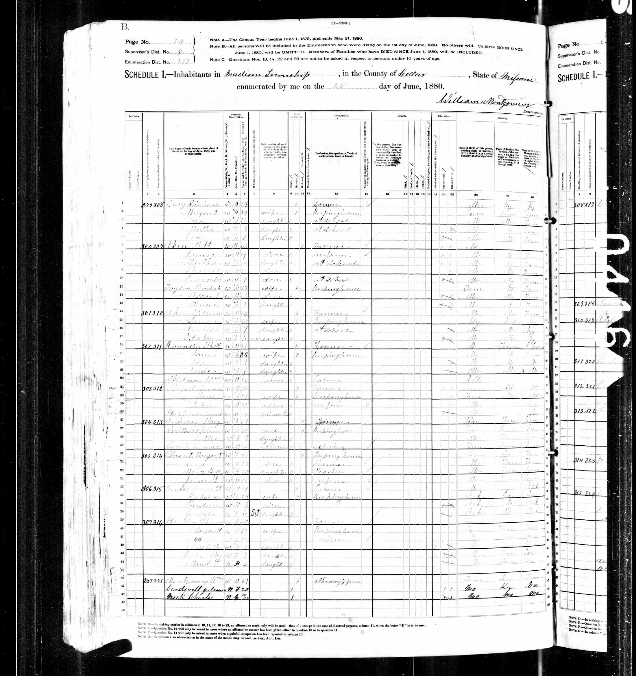 Thomas J. Hartley, 1880 Cedar County, Missouri, census