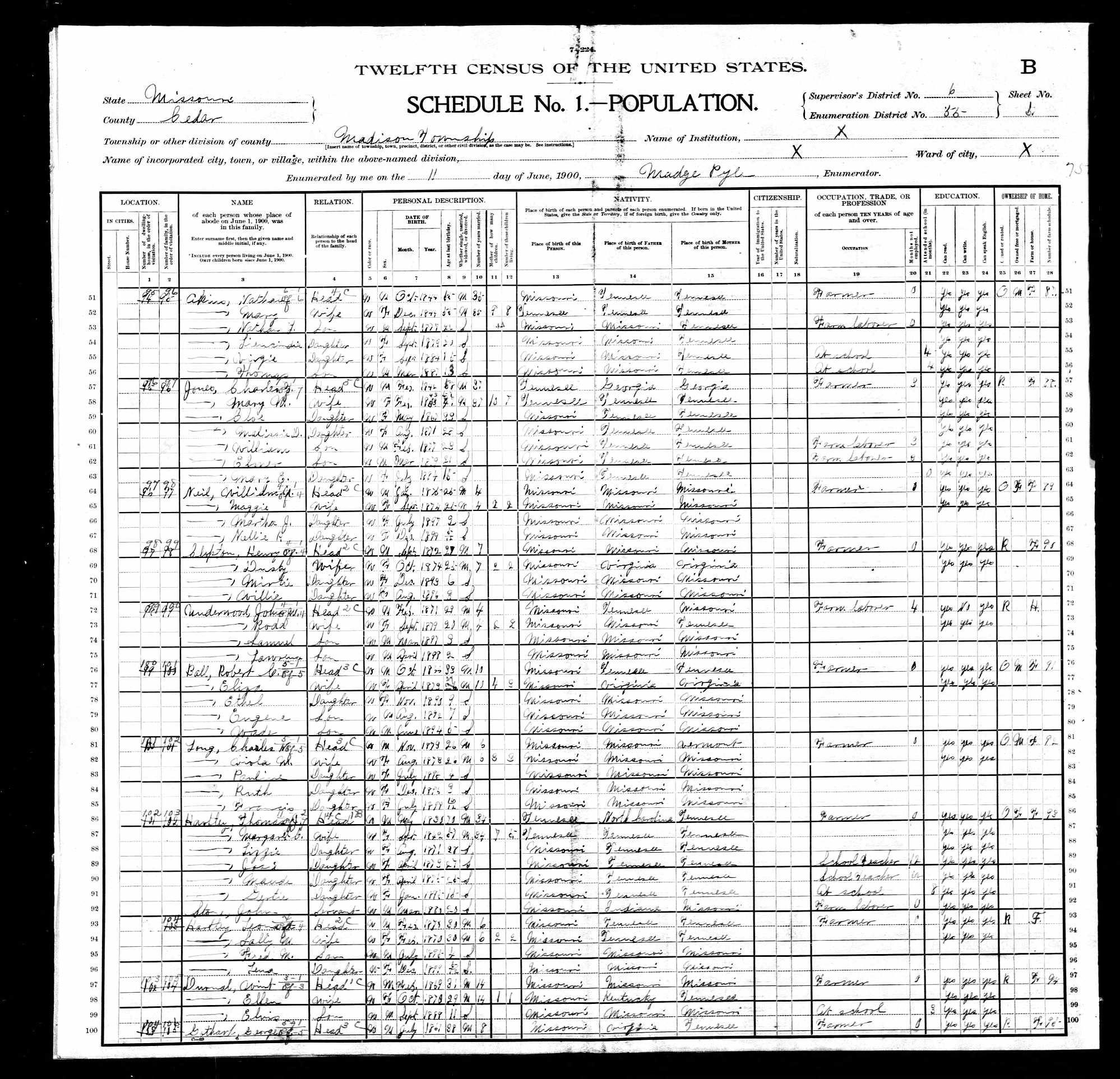 Thomas J. Hartley, 1900 Cedar County, Missouri, census