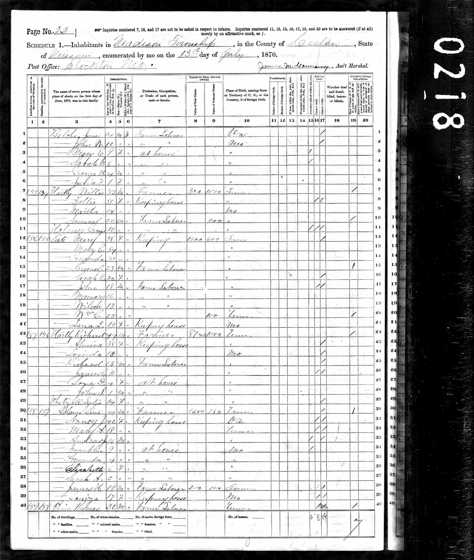 Willis Hartley, 1870 Cedar County, Missouri, census