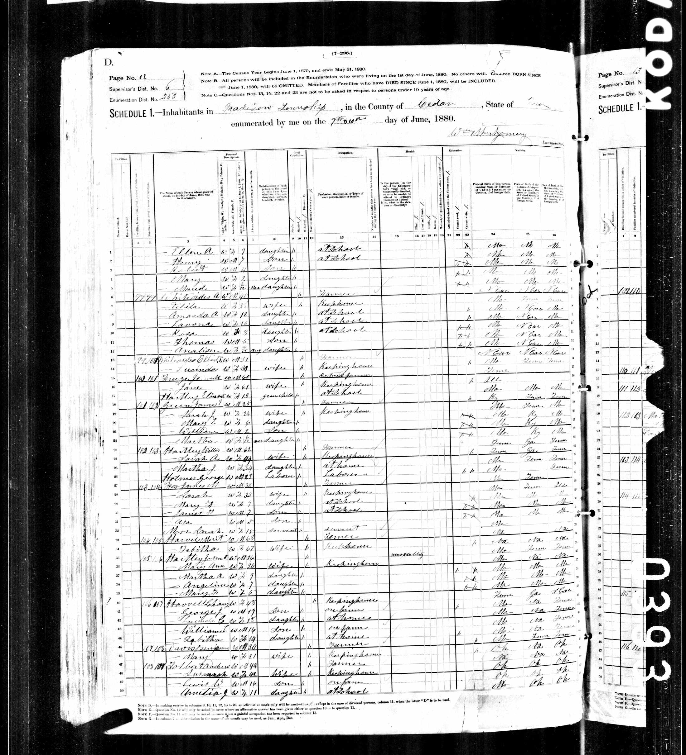 Willis Hartley, 1880 Cedar County, Missouri, census