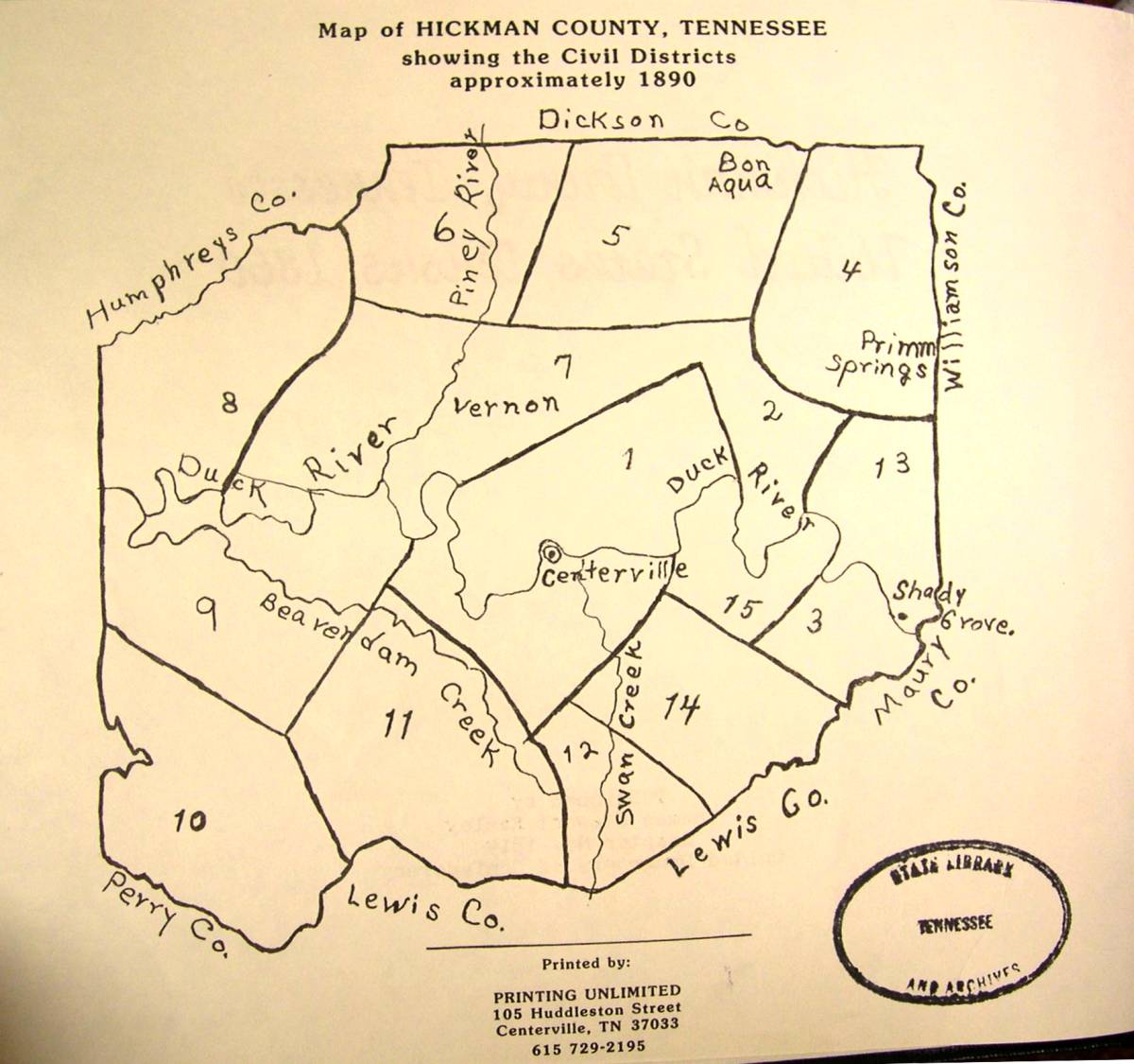 Civil Districts, Hickman County, Tennessee, 1890
