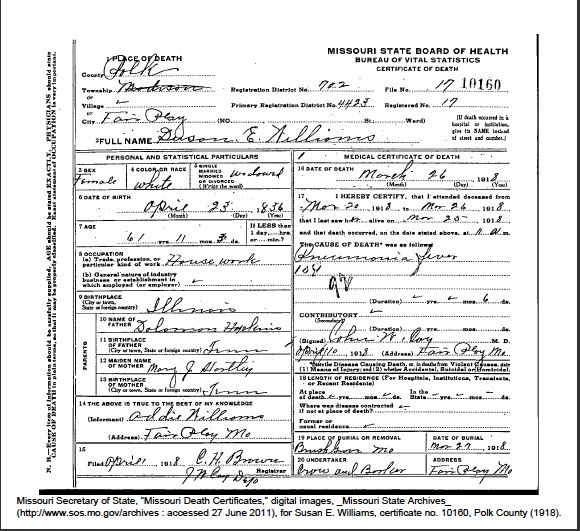 Susan Elizabeth (Hopkins) Williams, death certificate, 1918, Polk County, Missouri