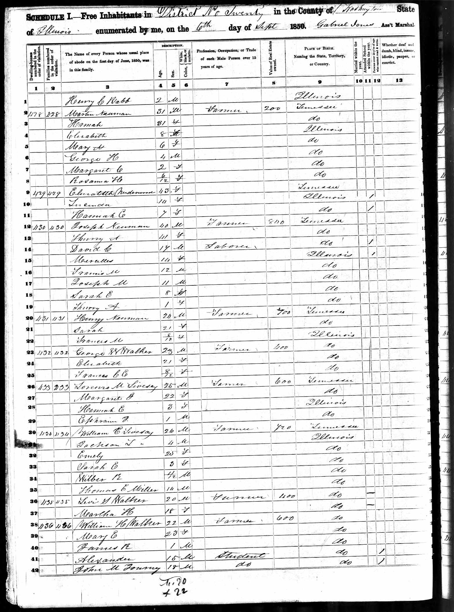 John M. Journey, 1850 Washington County, Illinois, census, in the home of William H. Walker