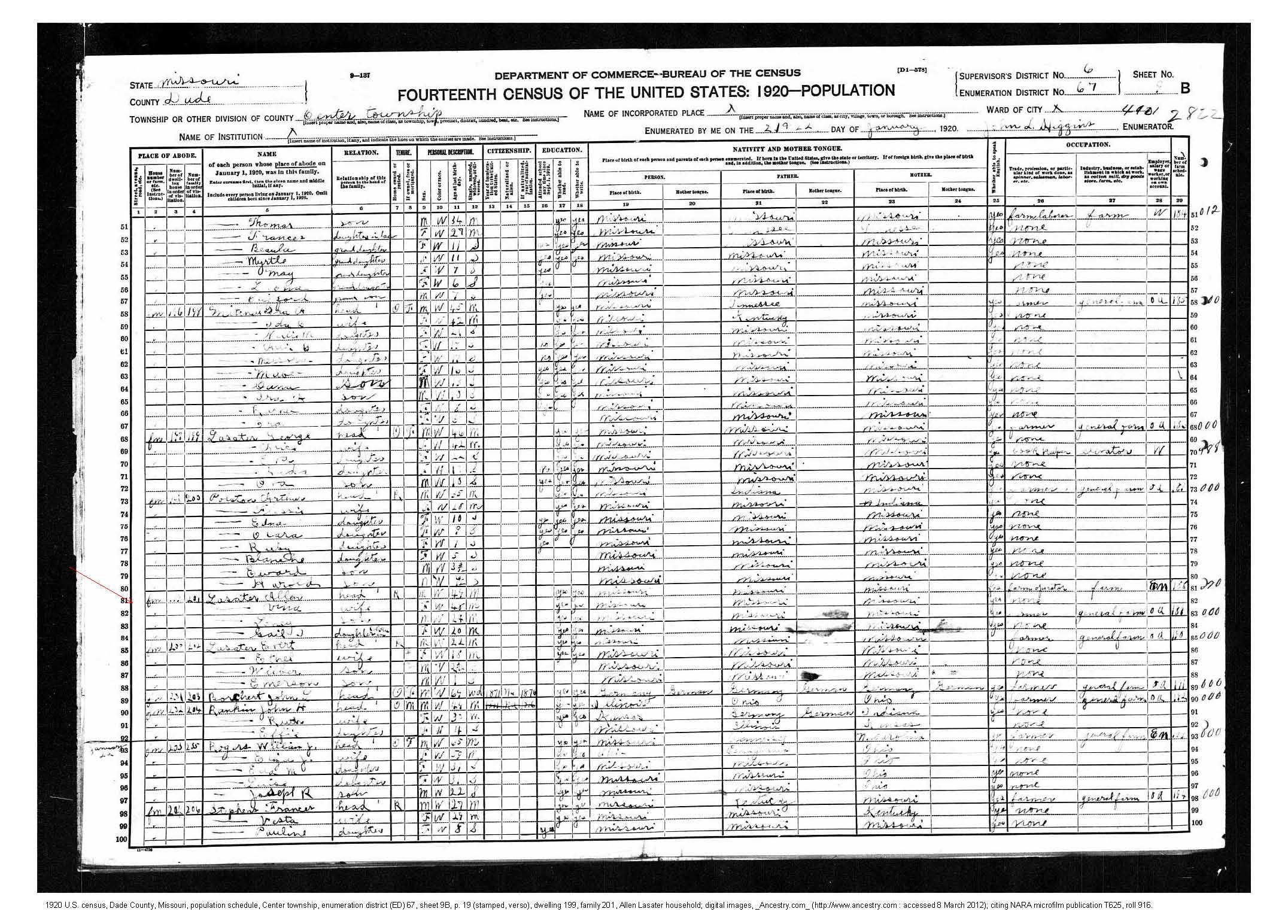 Everett and Ethel (Hampton) Lasater, 1920 Dade County, Missouri, census