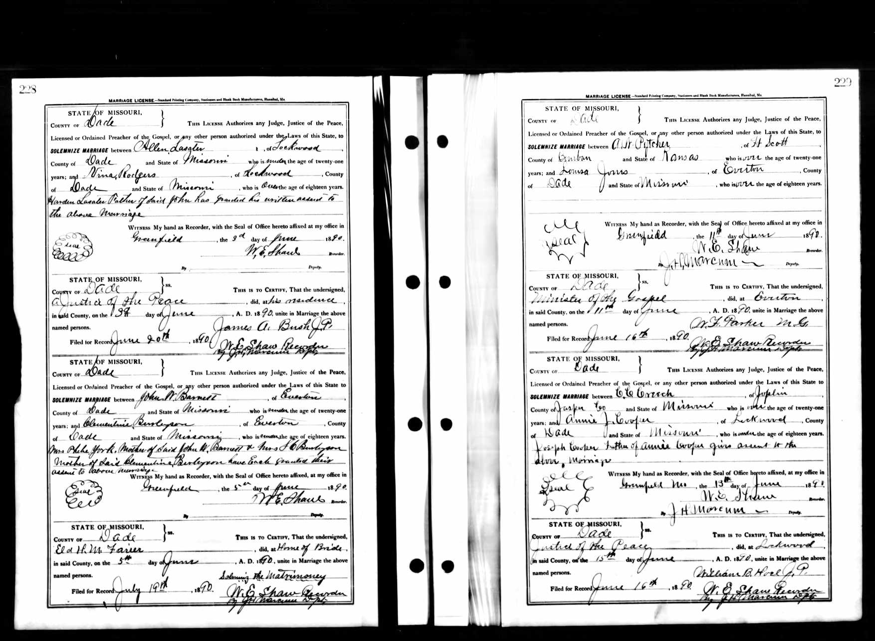 Allen S. Lasater, marriage to Vina Rodgers, 1890, Dade County, Missouri