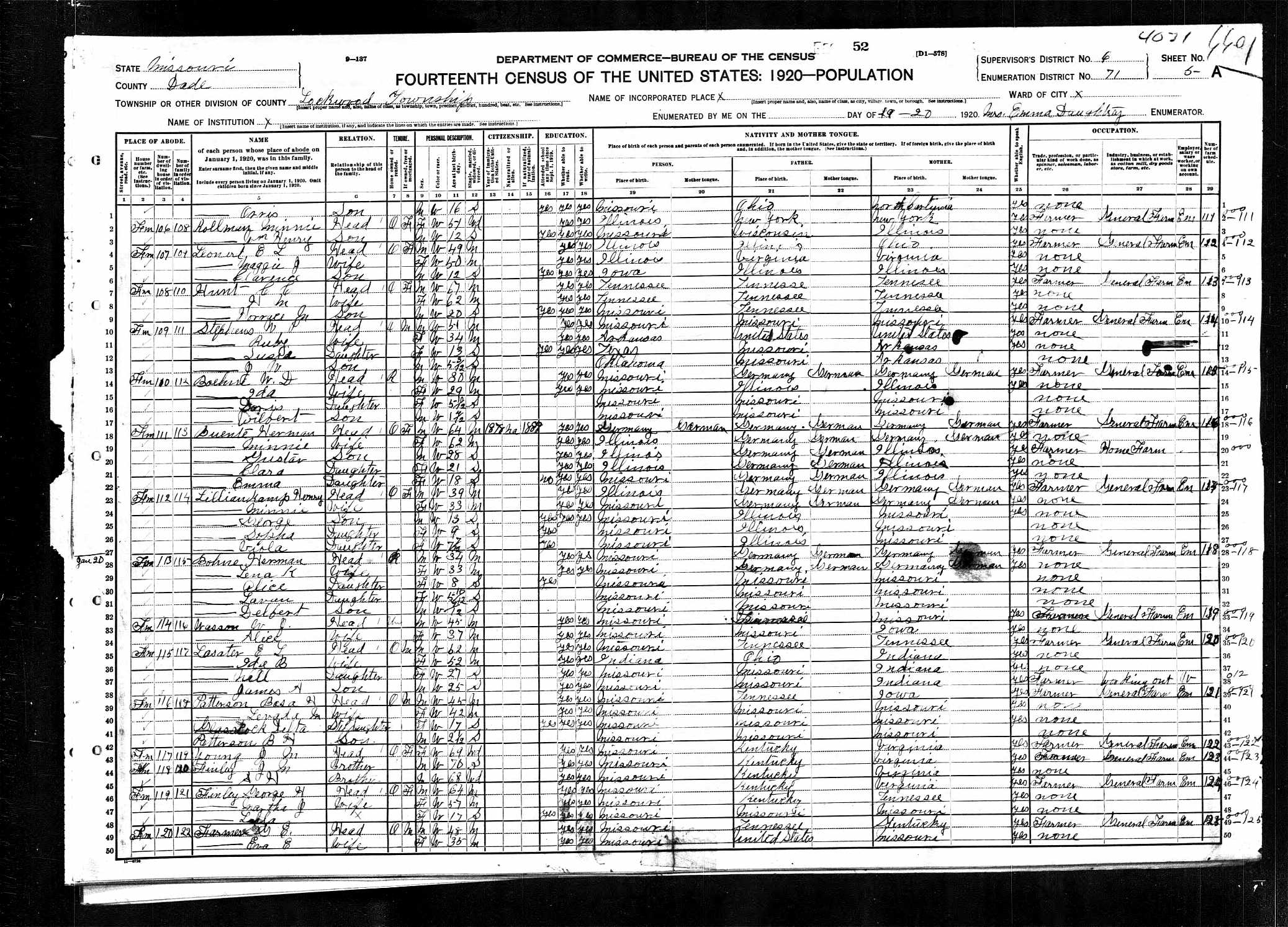 Edward L. and Ida (Palmer) Lasater, 1920 Dade County, Missouri, census