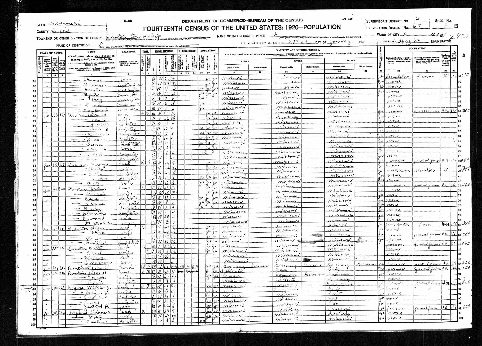 Henry Arthur and Flossie Lee (Lasater) Polston, 1920 Dade County, MIssouri, census