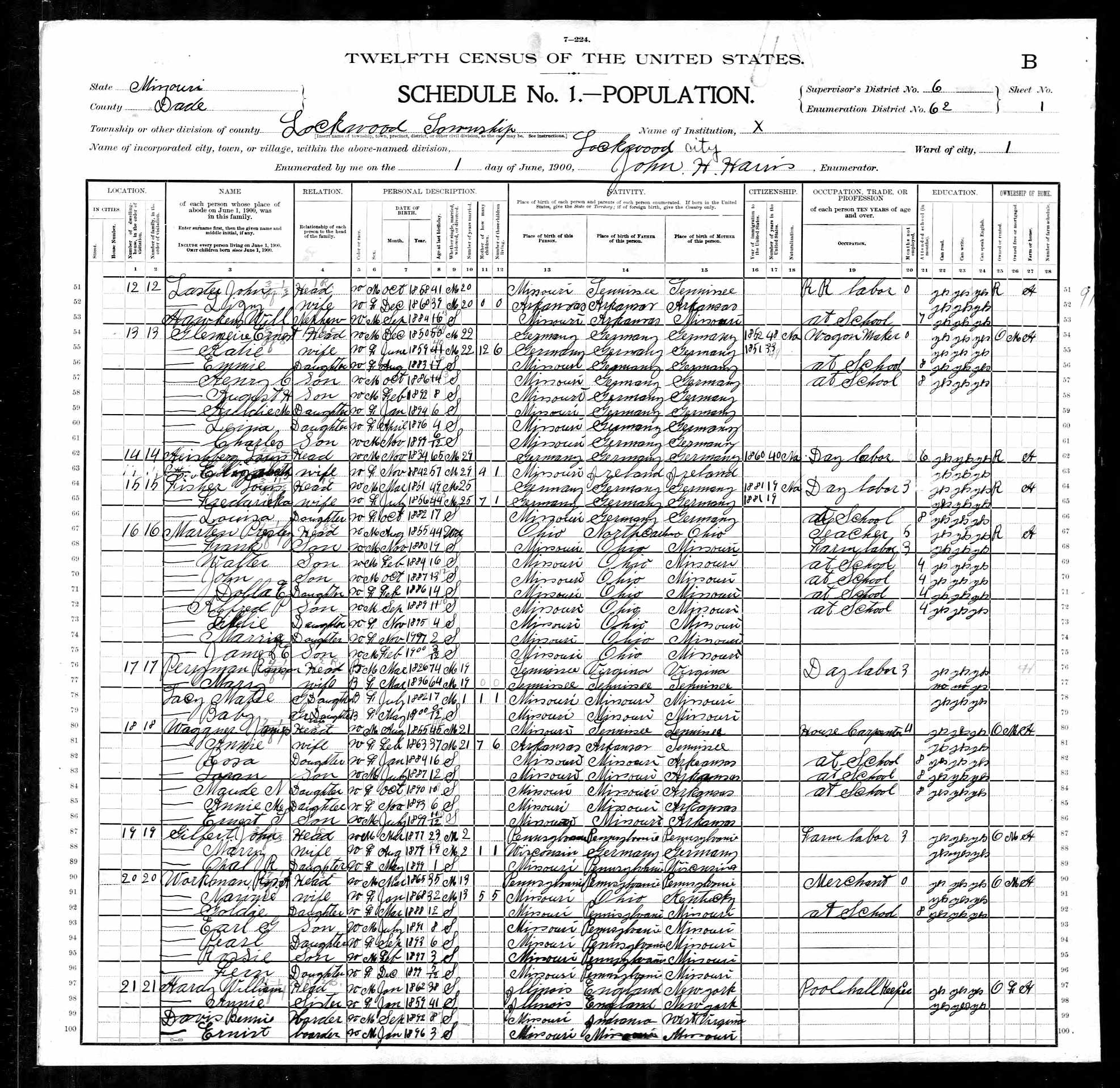 John and Elizabeth (Hawkins) Lasater, 1900 Dade County, Missouri, census