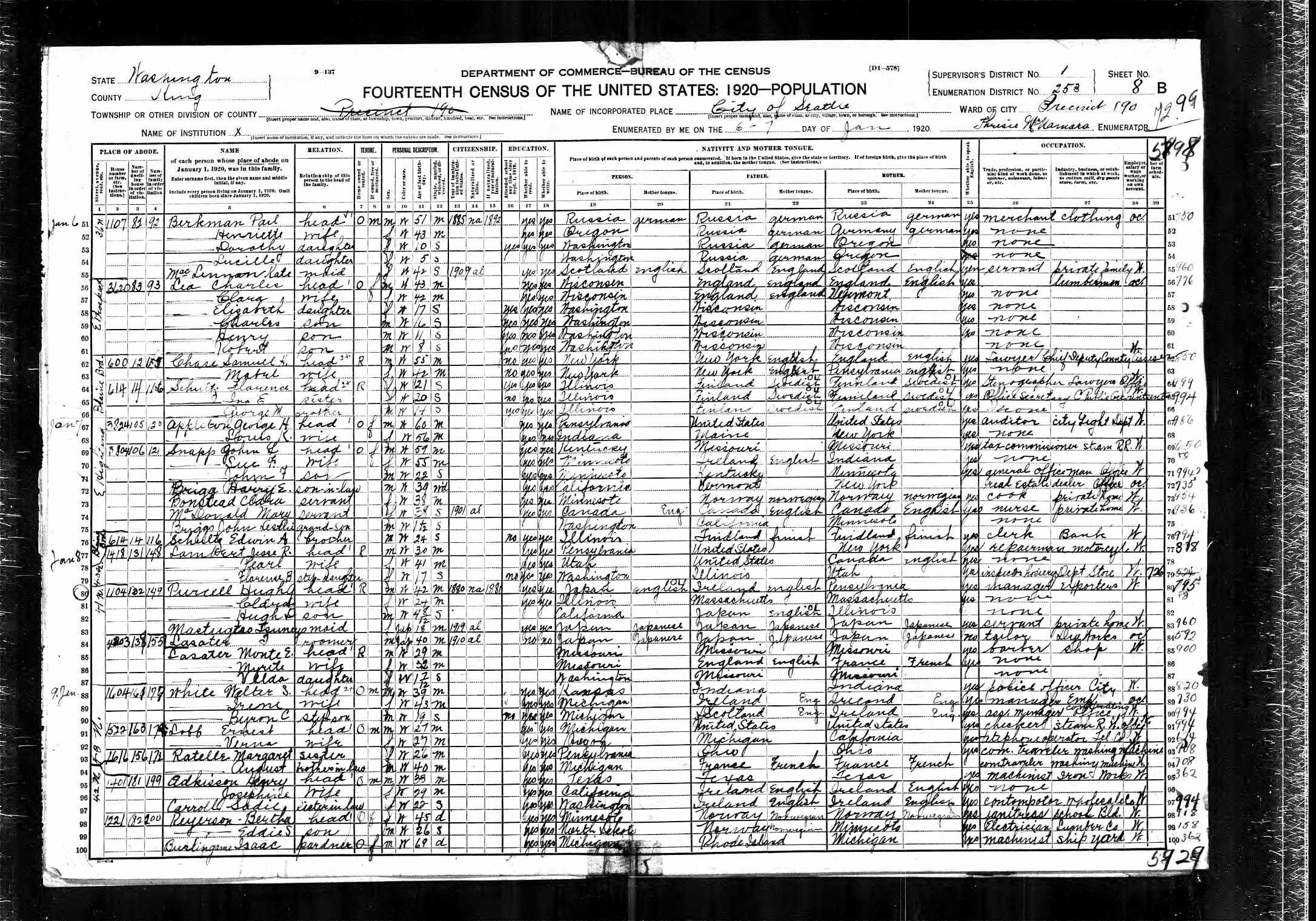 Monty E. and Myrtle (Powell) Lasater, 1920 King County, Washington, census