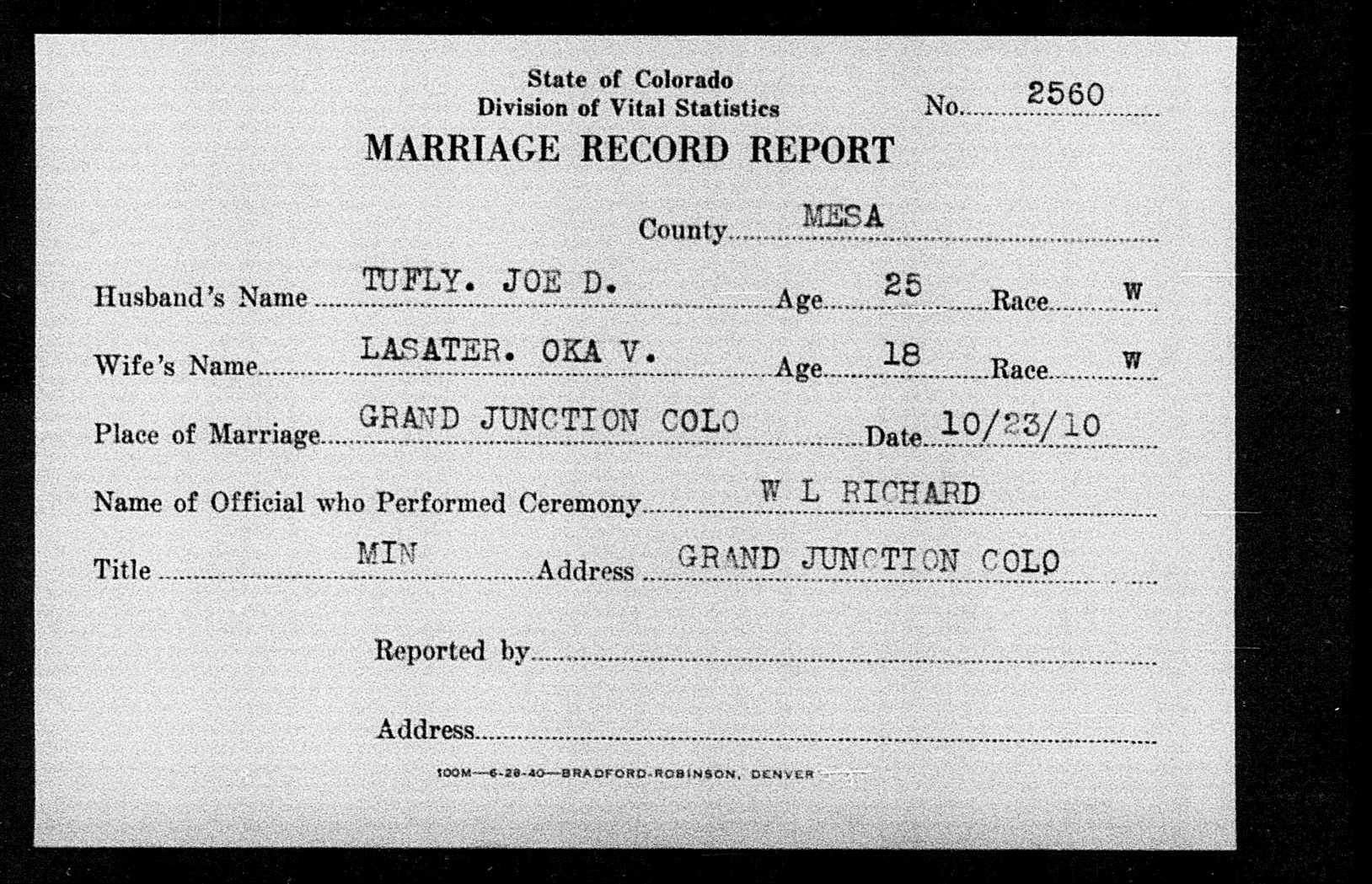 Oka V. Lasater, marriage to Joseph Daniel Tufly, 1910, Mesa County, Colorado