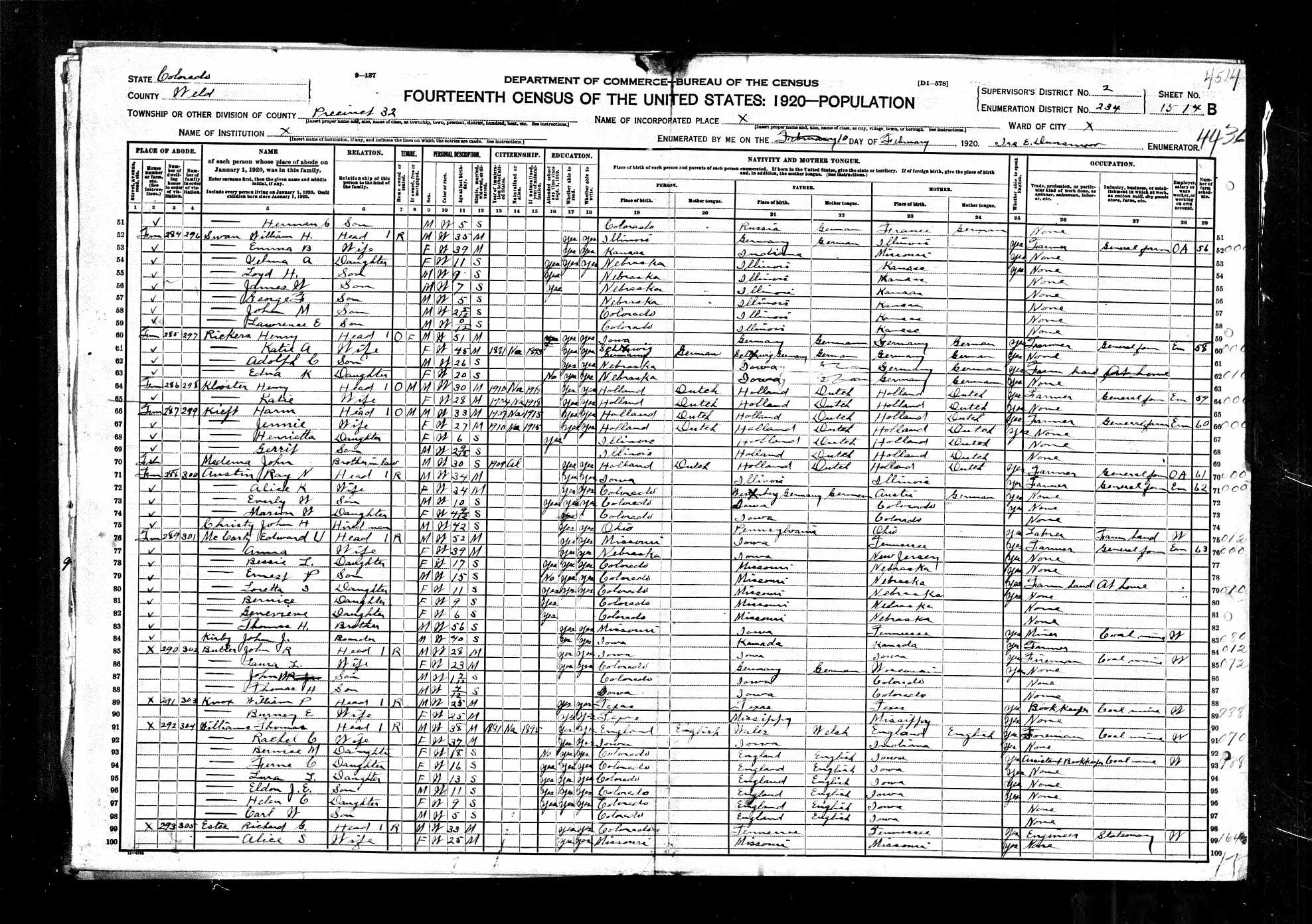 Richard G. and Alice S. (Lasater) Estes, 1920 Weld County, Colorado, census