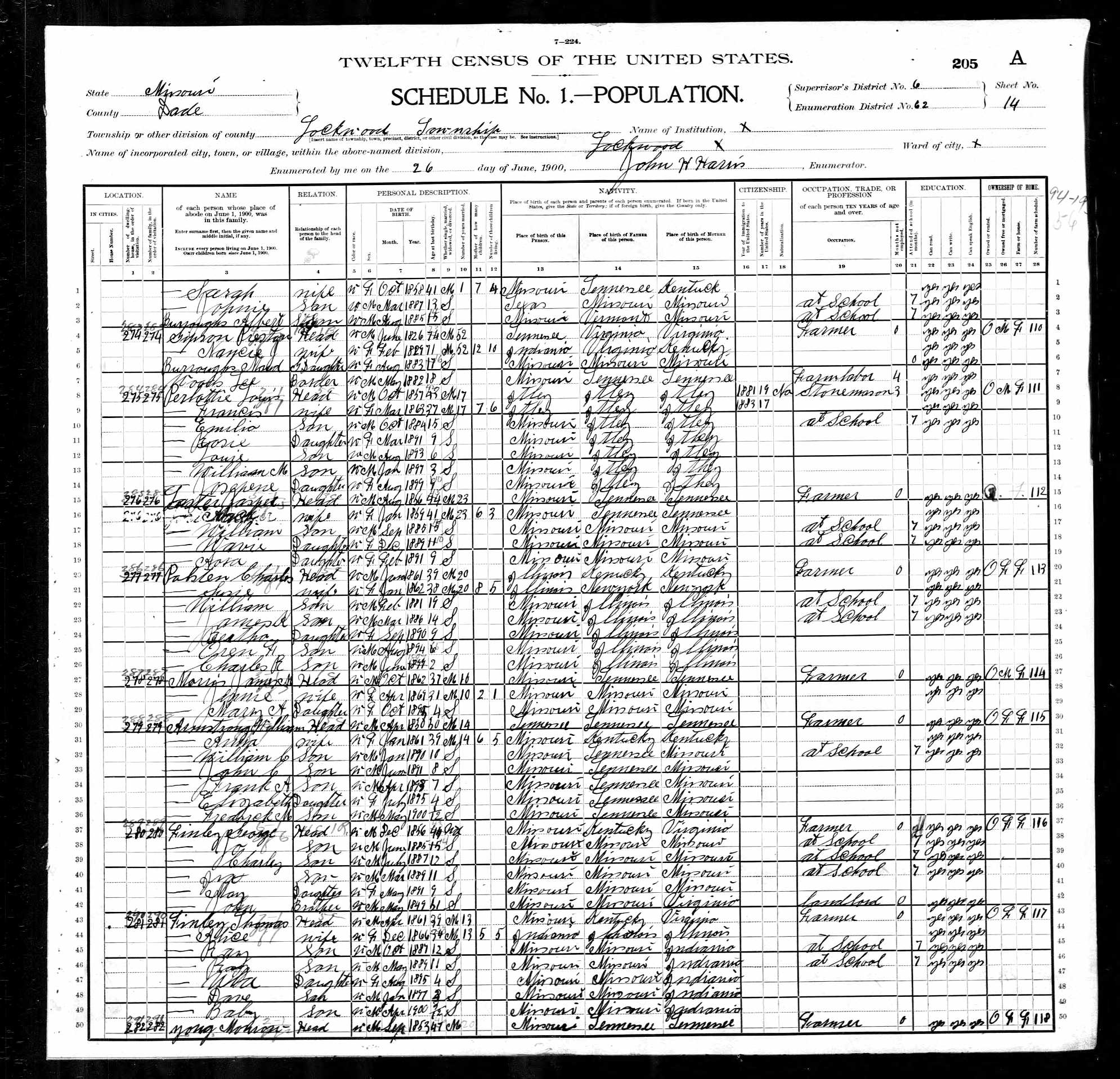 William Jasper and Matilda (Rogers) Lasater, 1900 Dade County, Missouri, census